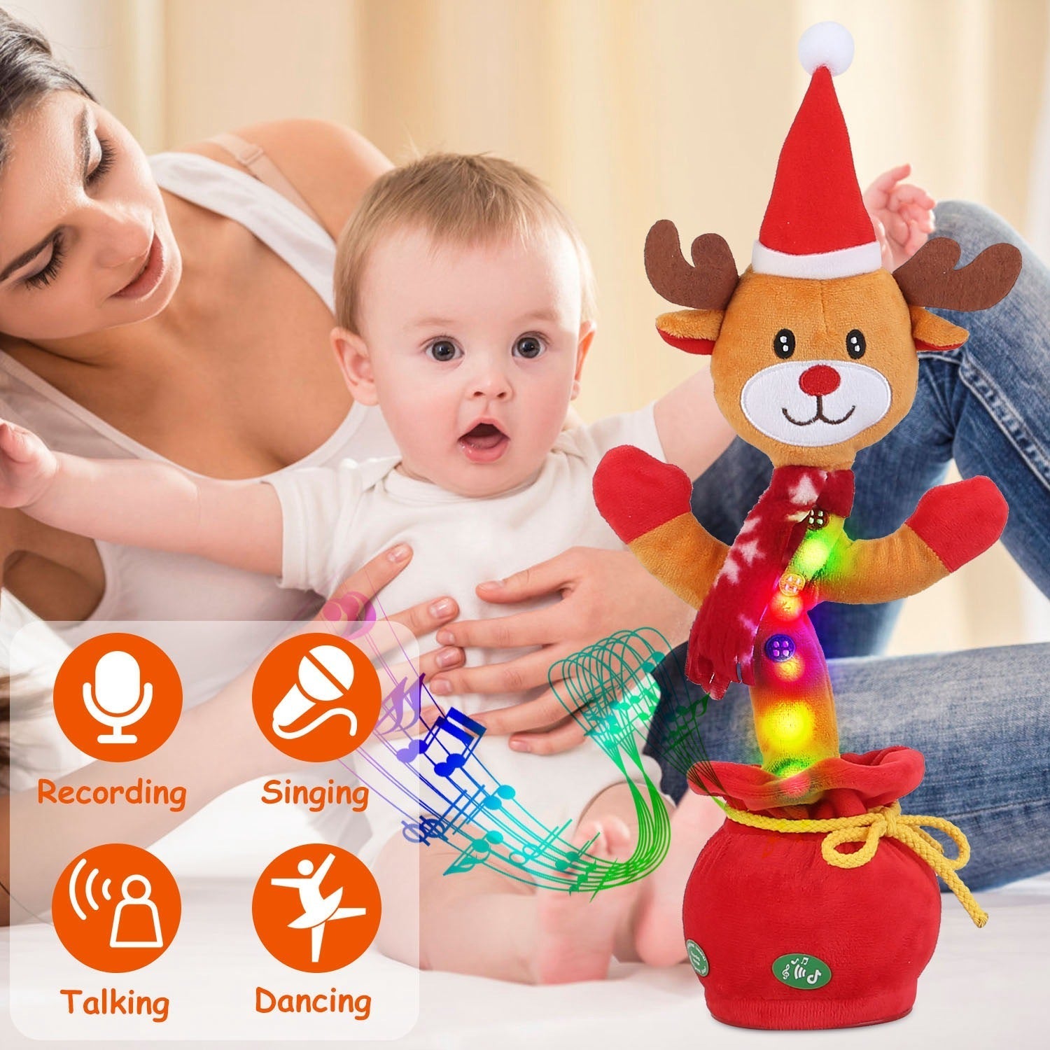 Kid Electric Dance Toy Christmas Elk Snowman Senior Penguin Plush Toy Interactive Sing Song Whirling Mimicking Recording Light up Toy