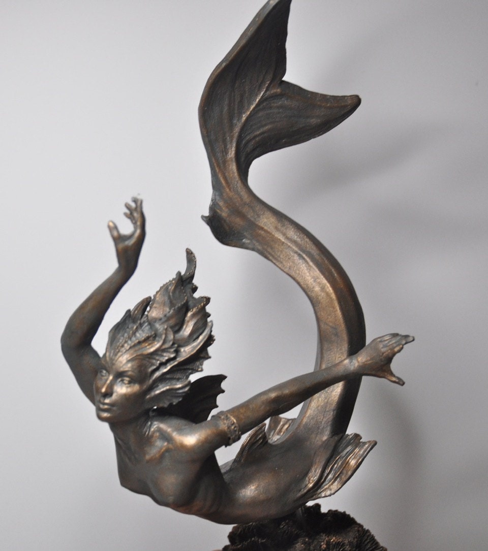 Mermaid Statue, Hand Painted Resin Sculpture, Bronze Finish| Mythical Creature Figurine| Unique Legendary Mermaid Figurine Fantasy Art Decor