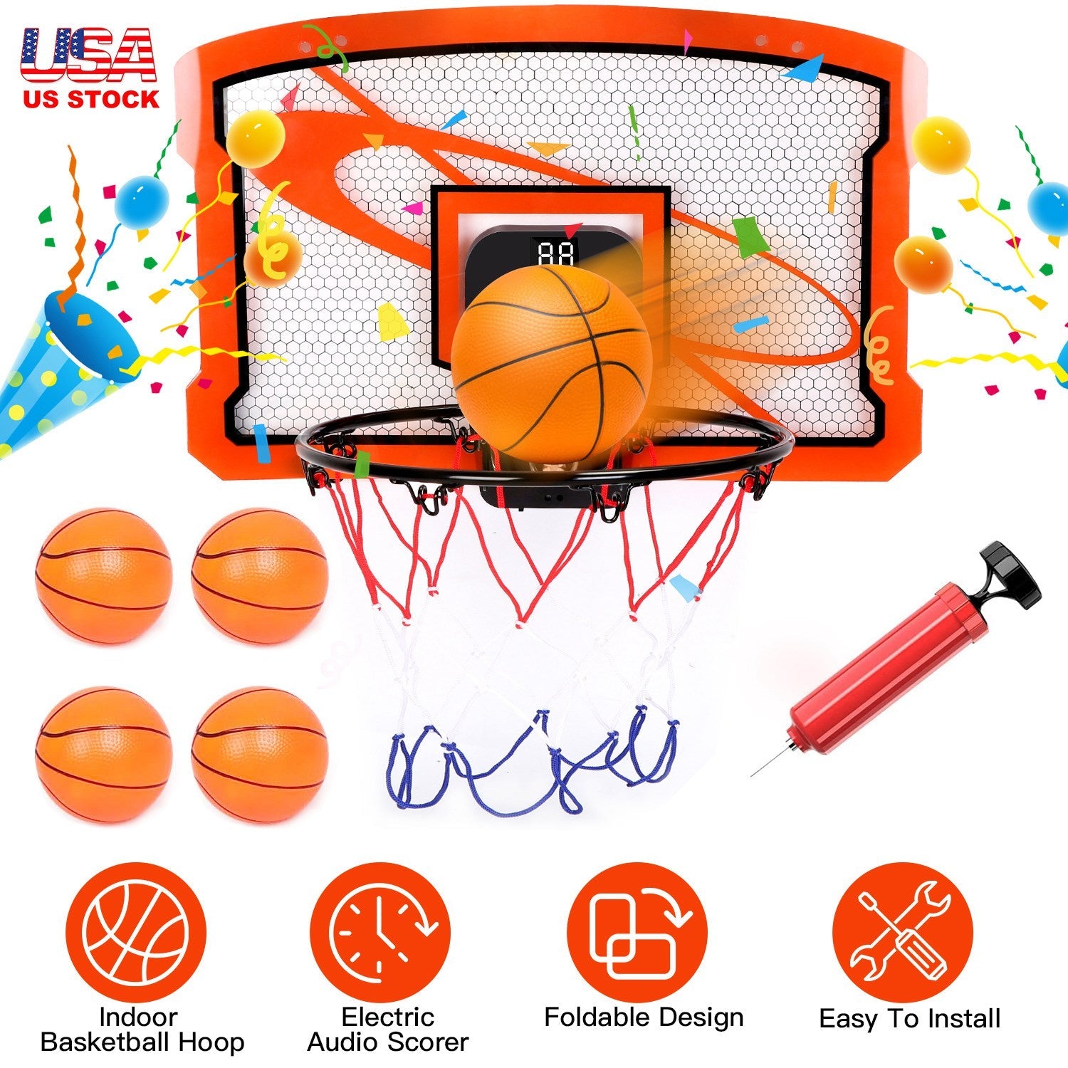 Indoor Mini Basketball Hoop Set Over Door Basketball Hoop with 4 Inflatable Balls Electric Audio Scorer Foldable Basket Gift for Kids and Adults
