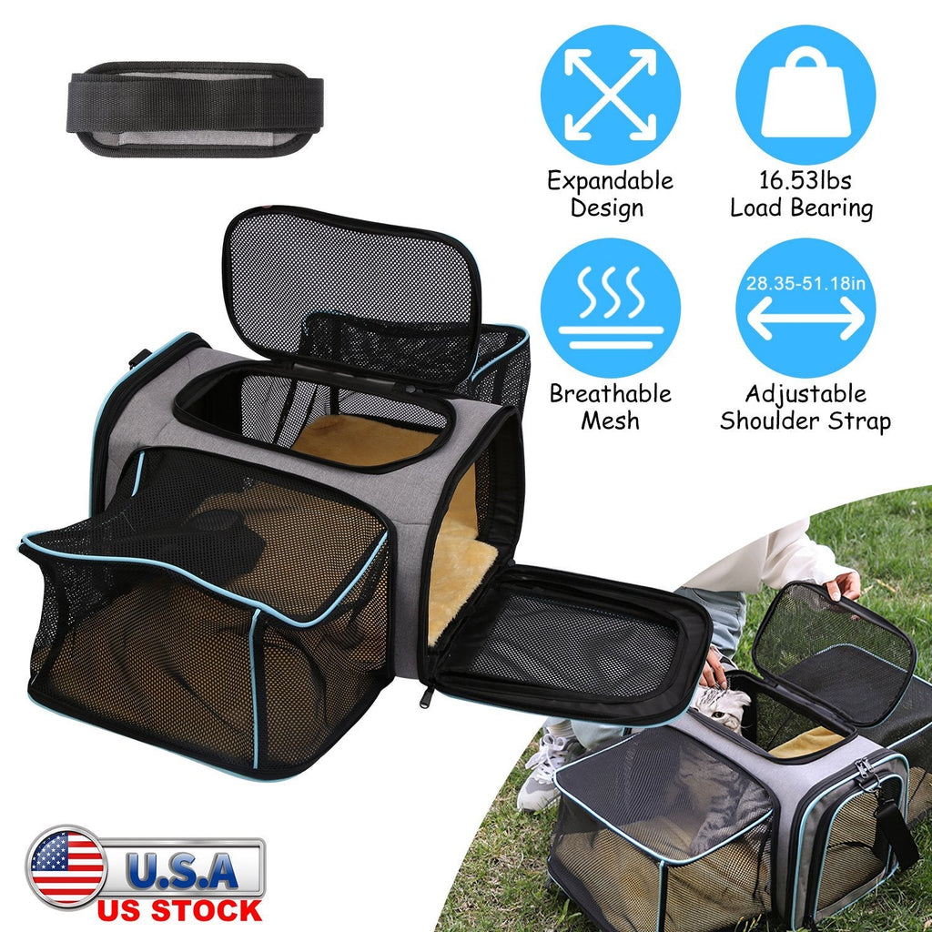 Expandable Pet Carrier Airline Approved Cat Dog Carrier Cat Collapsible Soft CarrierÊBag with Removable Fleece Pad Pockets Breathable Mesh Adjustable