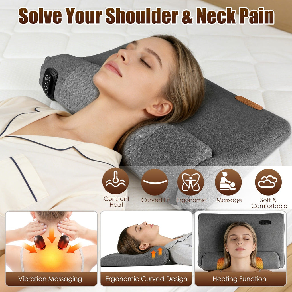 Neck Massager Pillow Ergonomic Massager Memory Foam Pillow with 3-Level Heating 3-Intensity Vibration 30Min Timer for Neck Back Shoulder Pain Relief