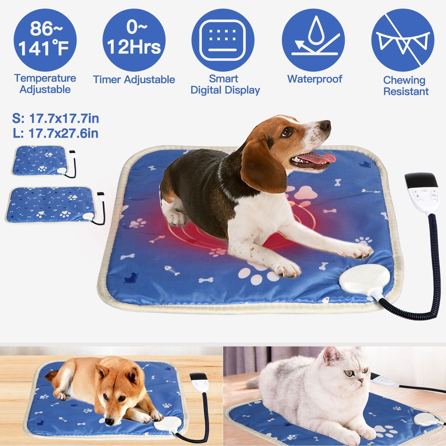 Electric Pet Heating Pad – Waterproof, Adjustable Temp & Timer