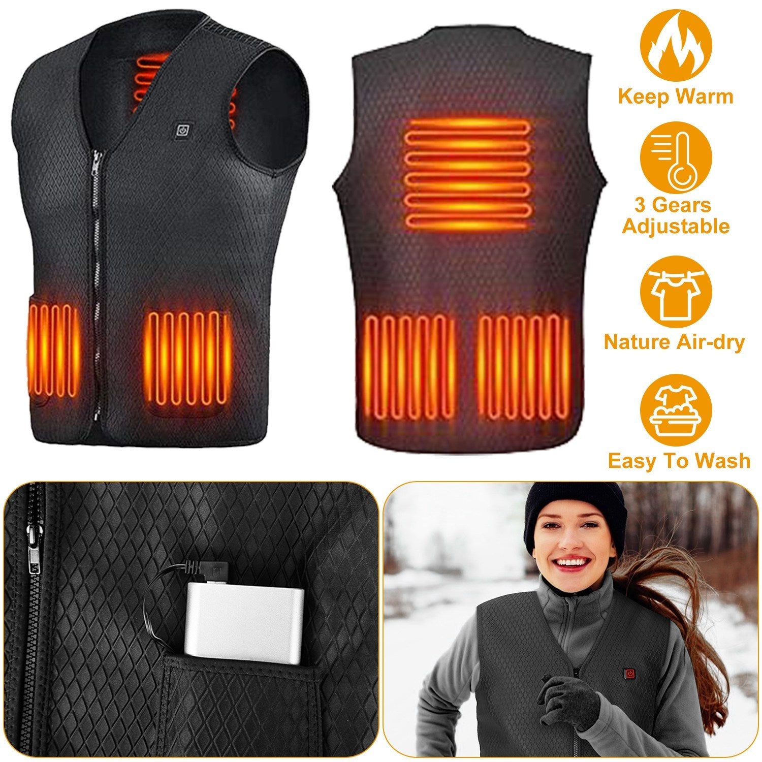 Heat Jacket Vest 3 Heating Gear Adjustable USB Heated Vest Warm Heat Coat Vest w/ 5 Heating Zones For Men Women Winter Outdoor Activity