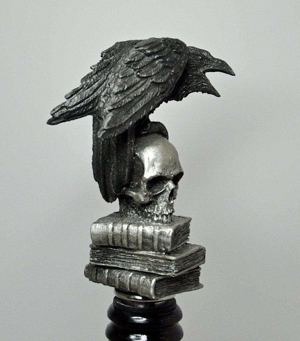 Raven Winestopper, Hand Sculpted Resin, Gothic Art Barware |Poe’s Raven with Skull and Books Bottle Stopper |Gothic Wine Gift and Home Decor