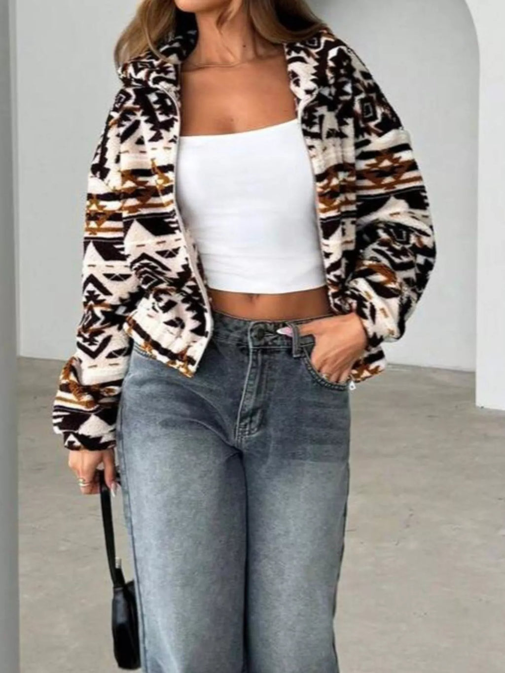 Geometric Fleece Zip-Up Jacket