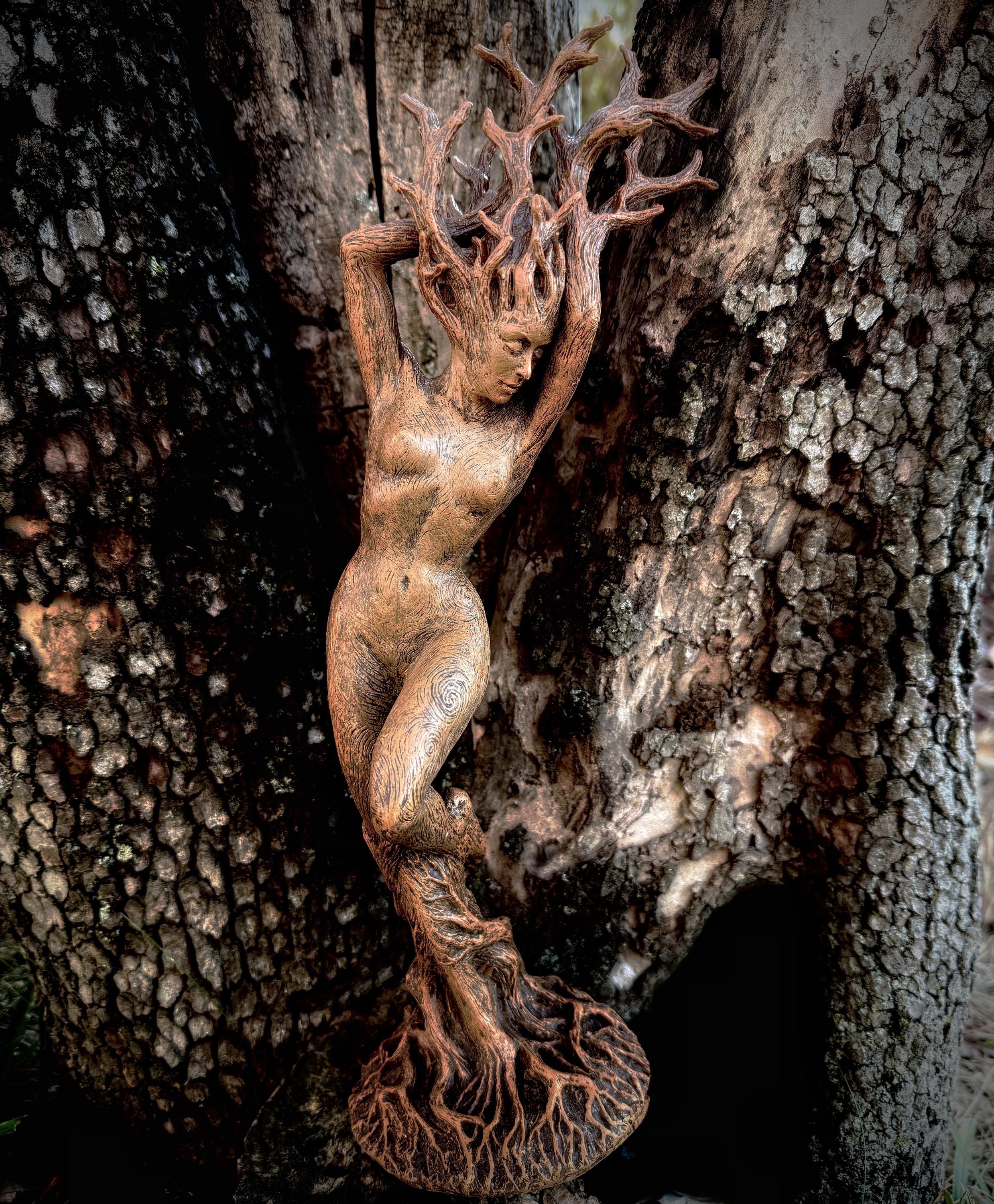 Dryad Statue, Hand Painted Resin Sculpture | Mythical Forest Creature Figurine |14” Woodland Goddess Altar Statue for Fantasy Art Decor