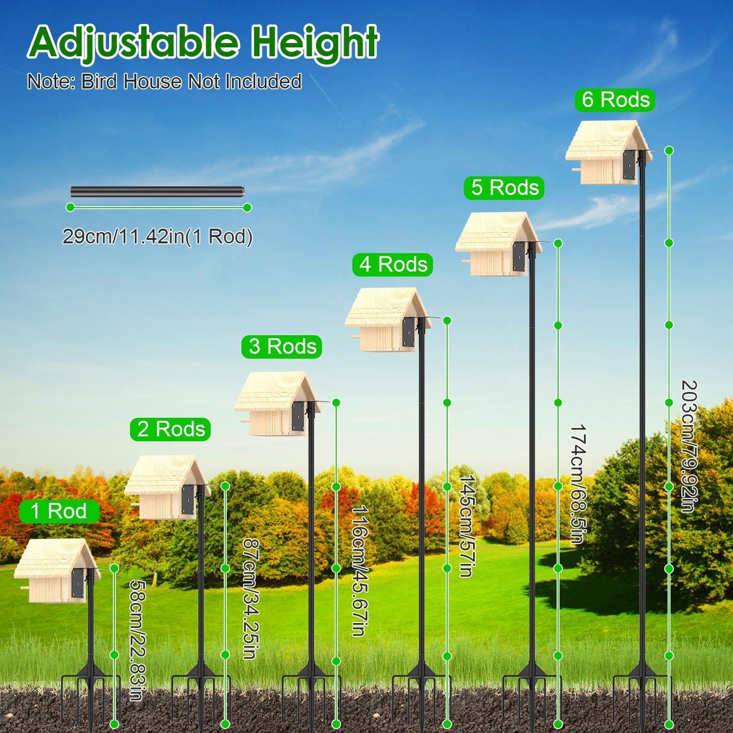 79.92in Bird House Pole Kit Height Adjustable Bird Feeder PoleÊMount Kit Heavy Duty Bird House Pole Set with 5 Prongs Base for Bird House Bird Feeder