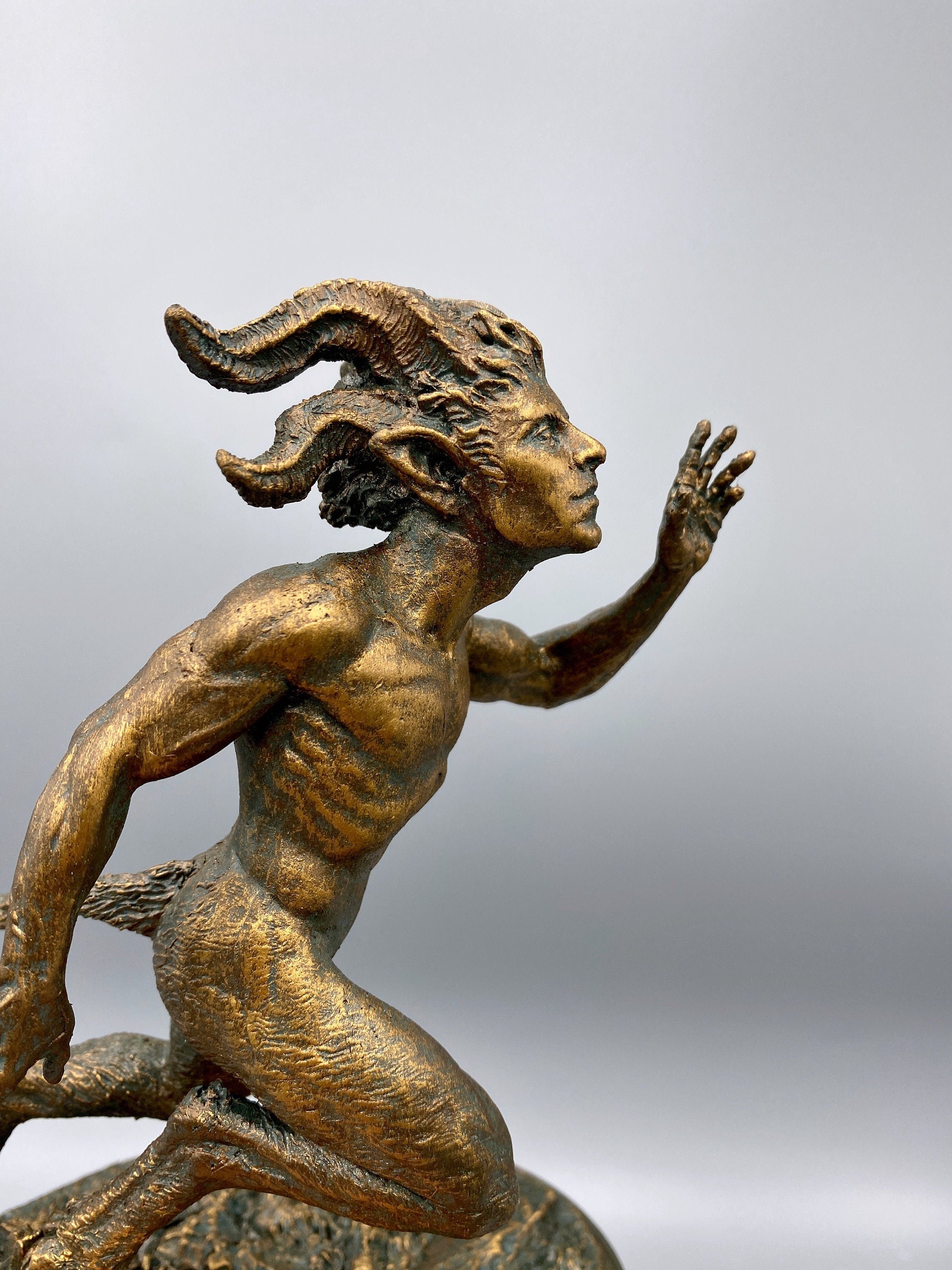 Running Satyr Statue, Hand Painted Resin Sculpture | Mythical Creature Figurine | Unique Legendary Faun Figurine. Fantasy Art Decor