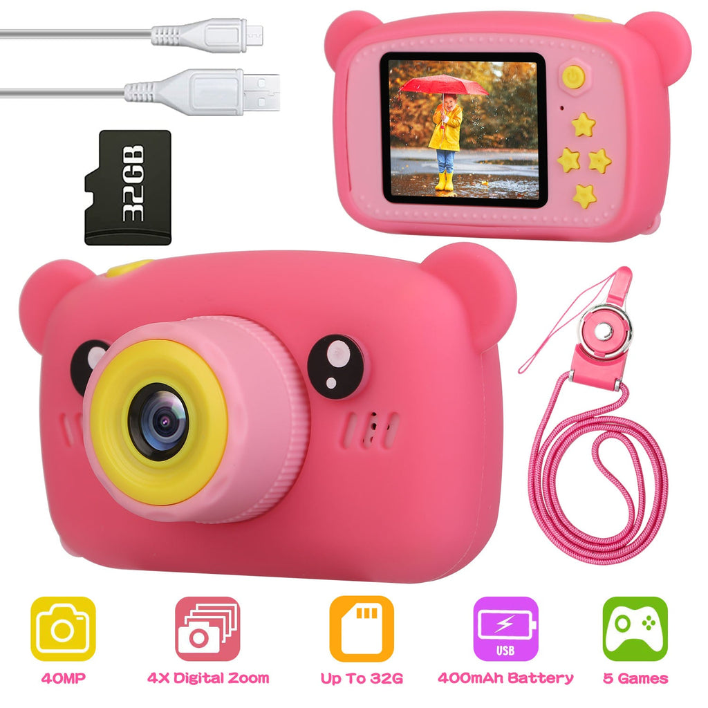 Kids Digital Camera Child Video Camera Children Camcorder Christmas Toy Birthday Gifts with 2.0in Screen 4X Digital Zoom 5 Games 32G MMC Card for 3-10