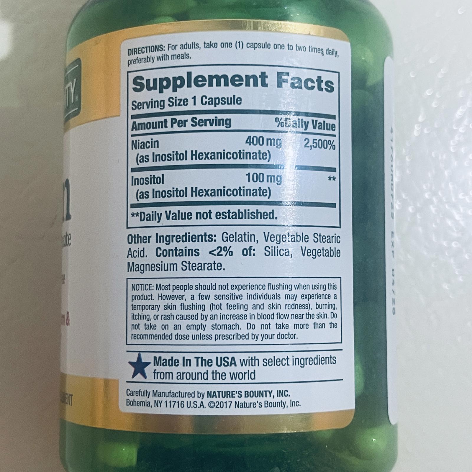 Nature's Bounty Niacin 500mg Dietary Supplement 120 Capsules EXP 4/28