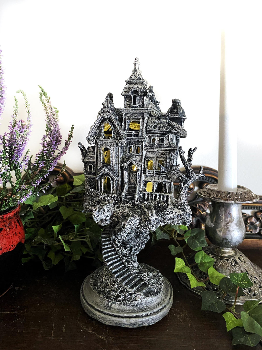Haunted Mansion, Resin Sculpture with LED Tea Light | Victorian Gothic Haunted House Statue | 9” Gift for Gamers and Spooky Home Decor