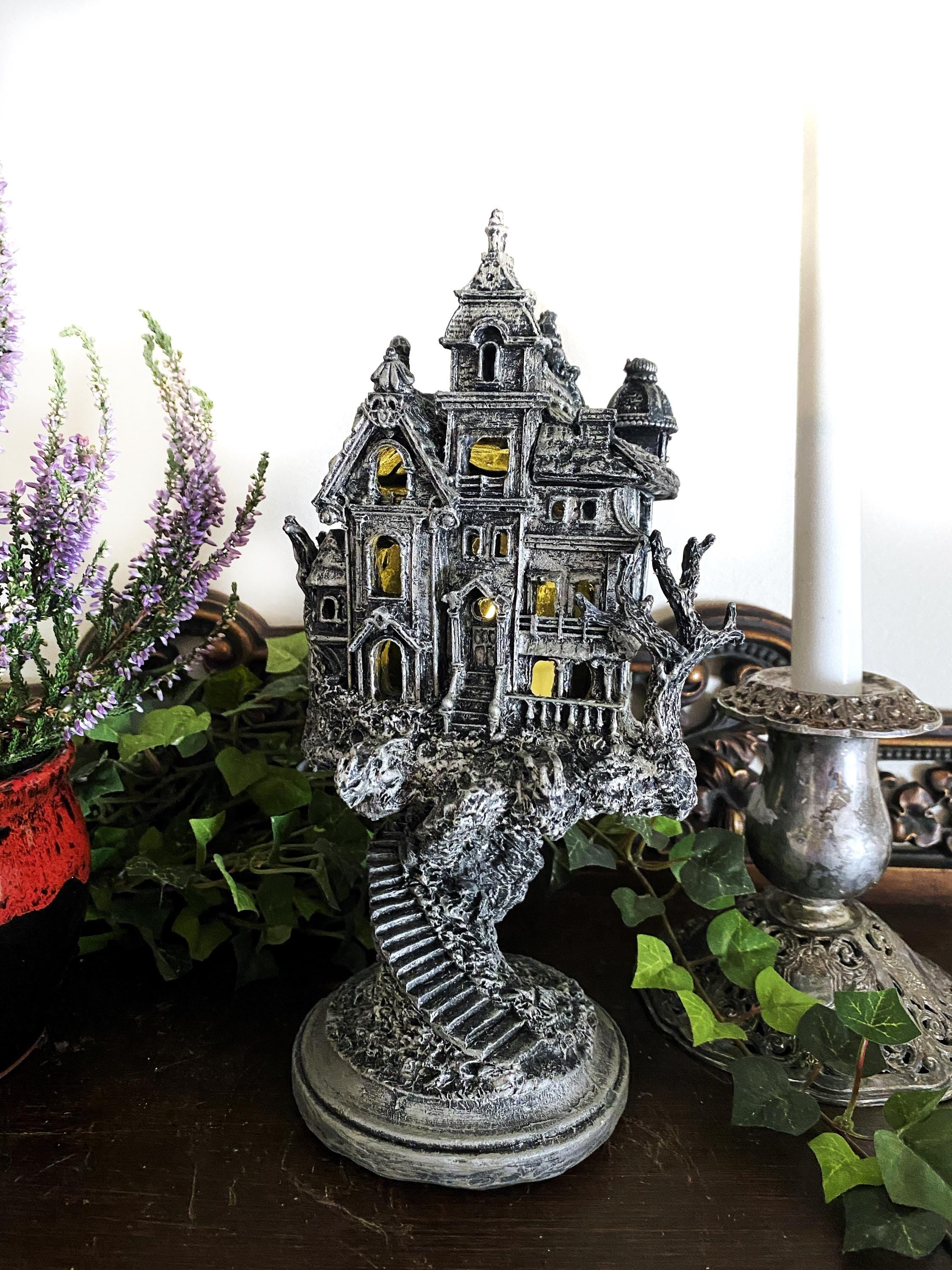 Haunted Mansion, Resin Sculpture with LED Tea Light | Victorian Gothic Haunted House Statue | 9” Gift for Gamers and Spooky Home Decor
