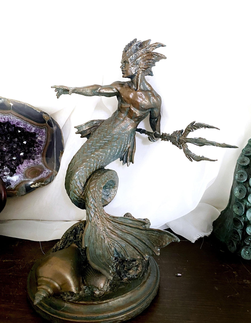 Merman/ Triton Statue, Hand Painted Resin Sculpture | Mythical Creature Figurine | Unique Legendary Male Mermaid Figurine. Fantasy Art Decor