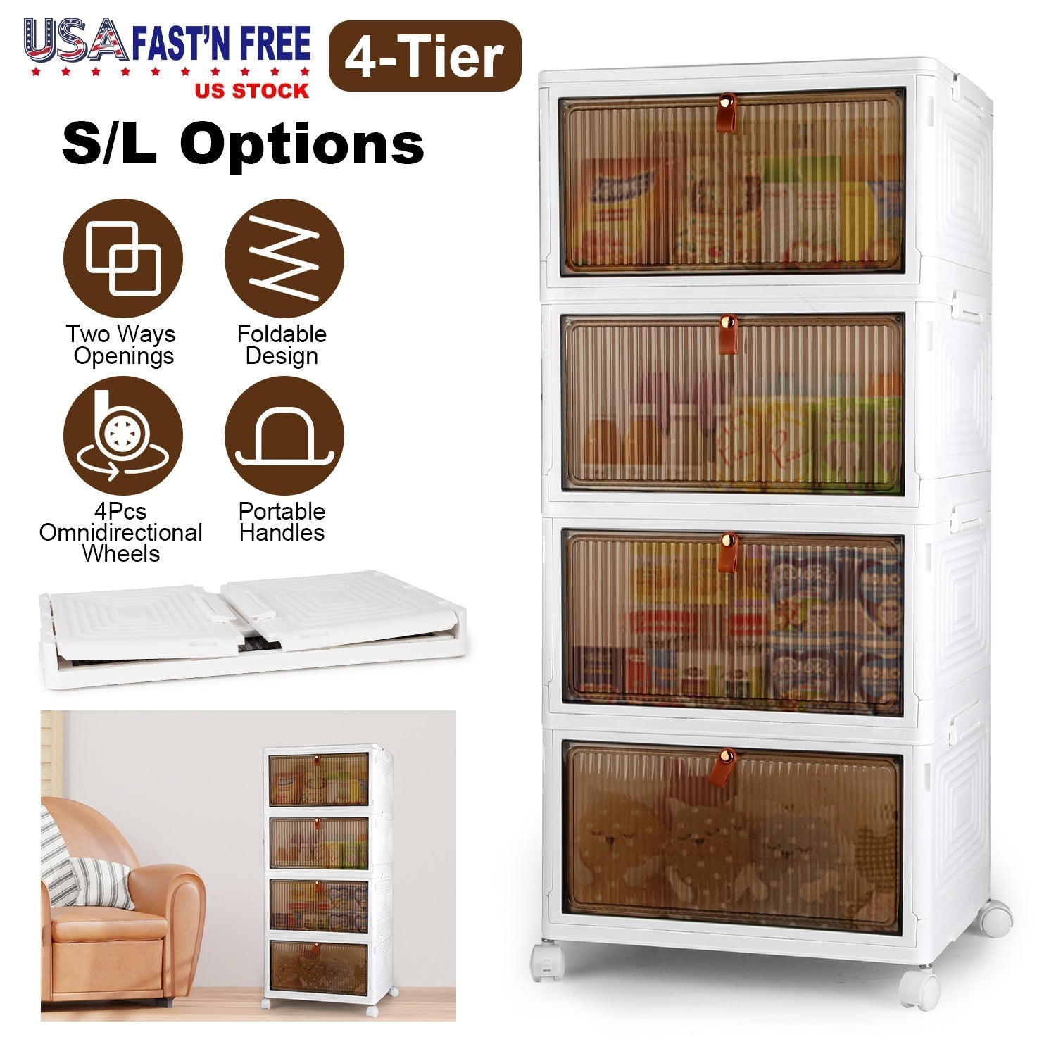 4-Tier Foldable Storage Bins with Lid Front Magnetic Door Collapsible Stackable Closet Organizer Containers with 4Pcs 360¡ Rotatable Wheels