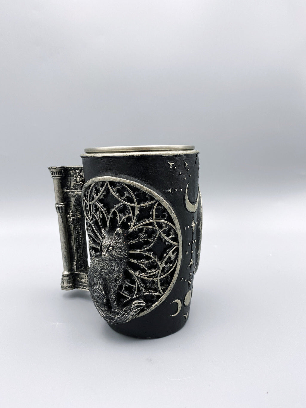Cat and Gothic Cathedral Window Mug, Hand Sculpted Resin Gothic Art Mug with Stainless Steel Liner| Cat Mug, Halloween Gift and Gothic Decor