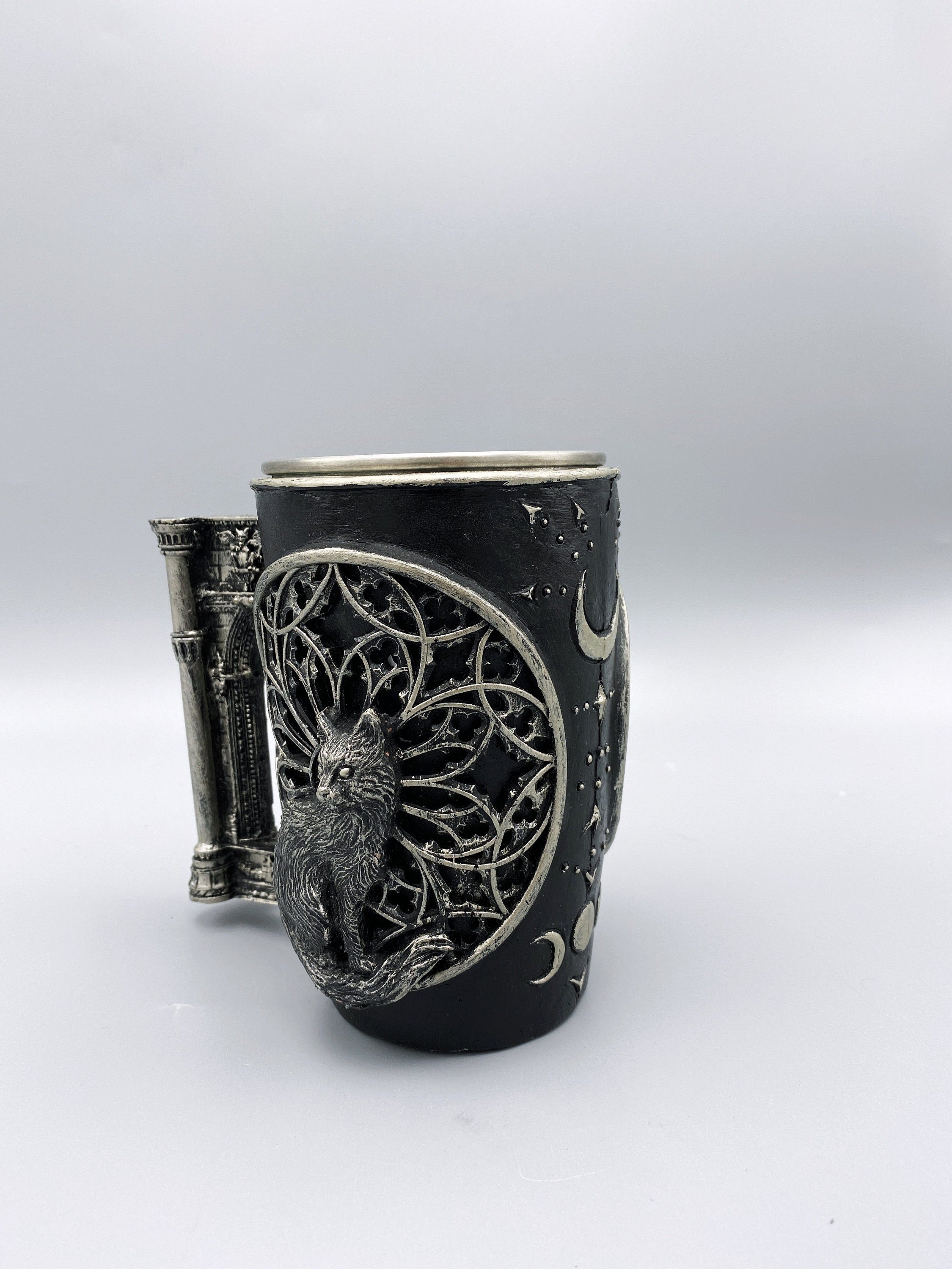 Cat and Gothic Cathedral Window Mug, Hand Sculpted Resin Gothic Art Mug with Stainless Steel Liner| Cat Mug, Halloween Gift and Gothic Decor
