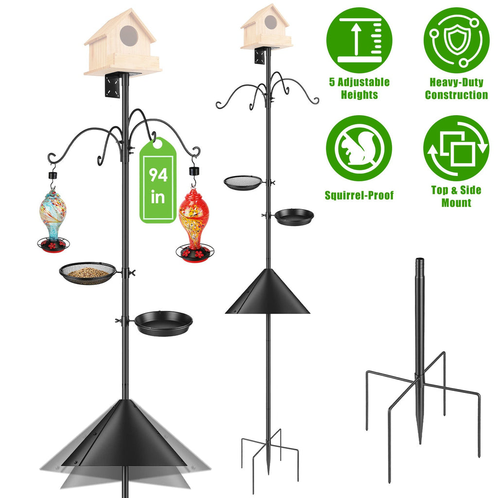 94Inch Squirrel Proof Bird Feeder Pole Heavy-Duty Bird House Pole  Outdoor Bird Feeding Station with 5 Adjustable Heights 4 Shepherd Hooks Top & Side