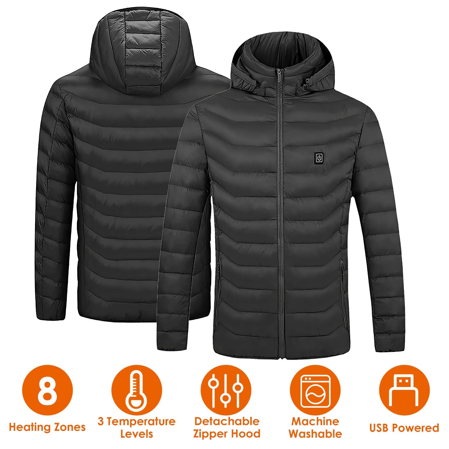 Heated Jacket Electric Heating Coat Lightweight Winter Hooded JacketÊwith 3-Level Heating Modes 8 Heating Zones Detachable Zipper Hood