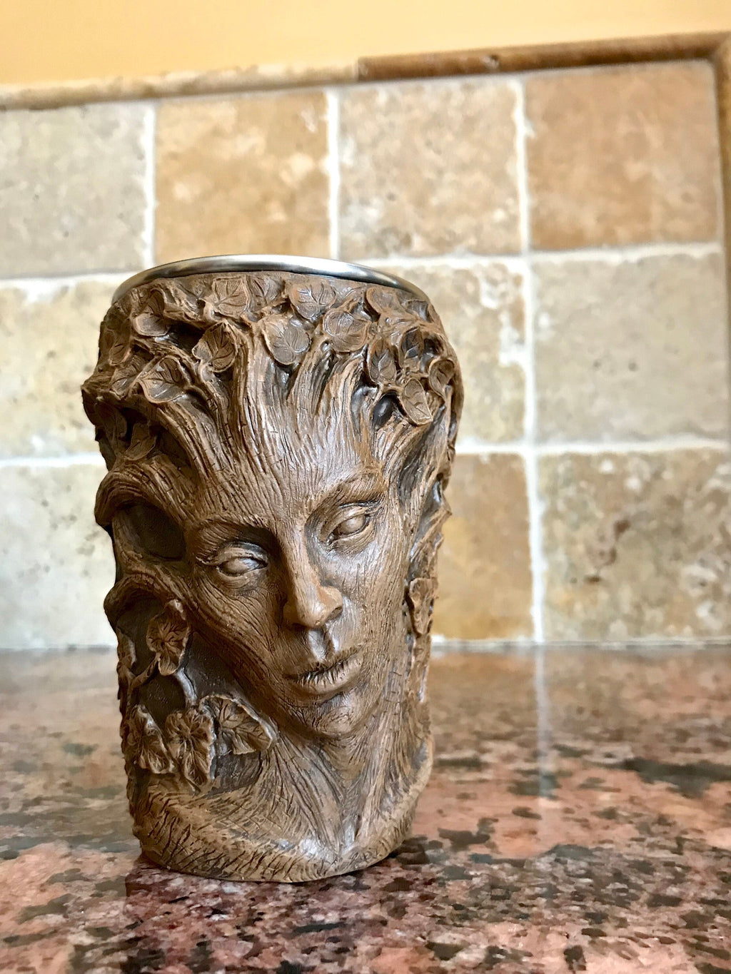 Dryad Mug, Hand Sculpted Resin Earthy Art Mug with Stainless Steel Liner| Fantasy Tree Spirit Mug, Witchy Cup Gift and Gothic Home Decor