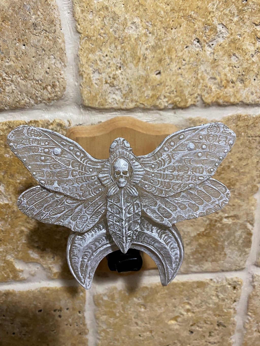 Death's Head Moth Nightlight, Hand Painted Resin Sculpture | Witchy Gothic Night Light |  Moth and Moon Light for Gothic Fantasy Home Decor