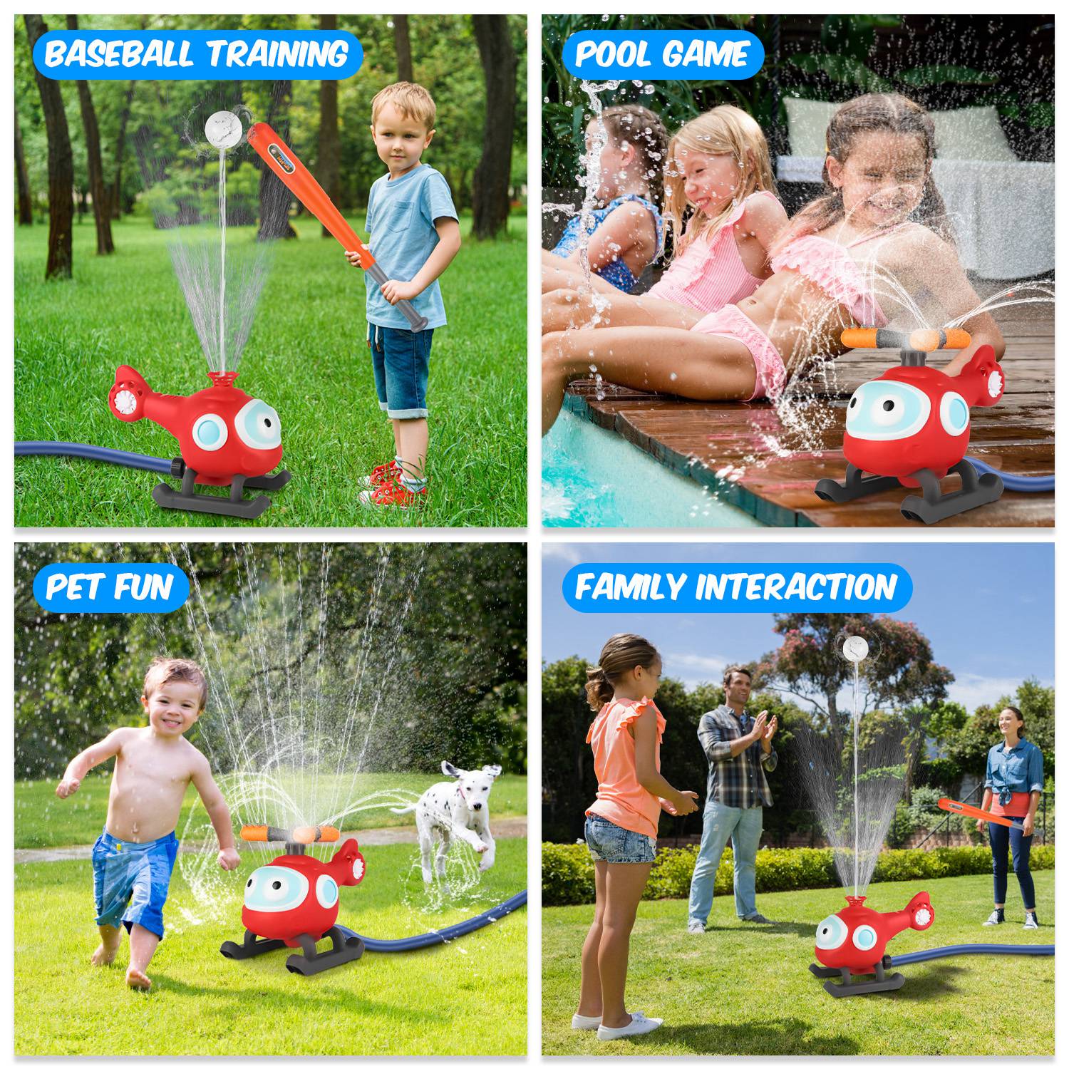 2 In 1 Water Sprinkler Baseball Helicopter Toy for Kids 360¡Rotating Water Tee Ball Set for Backyard Lawn Pool Party Outdoor Summer Game for 3+ Years