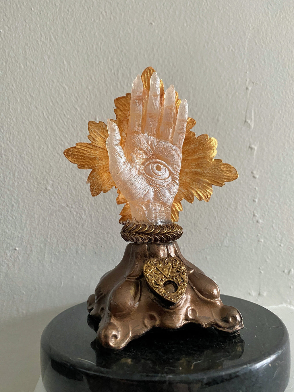 Hand of Protection Relic, Hamsa with LED Tea Light, Hand Painted Resin Sculpture | Medieval Gothic Decor | Occult Hand for Gothic Home Decor