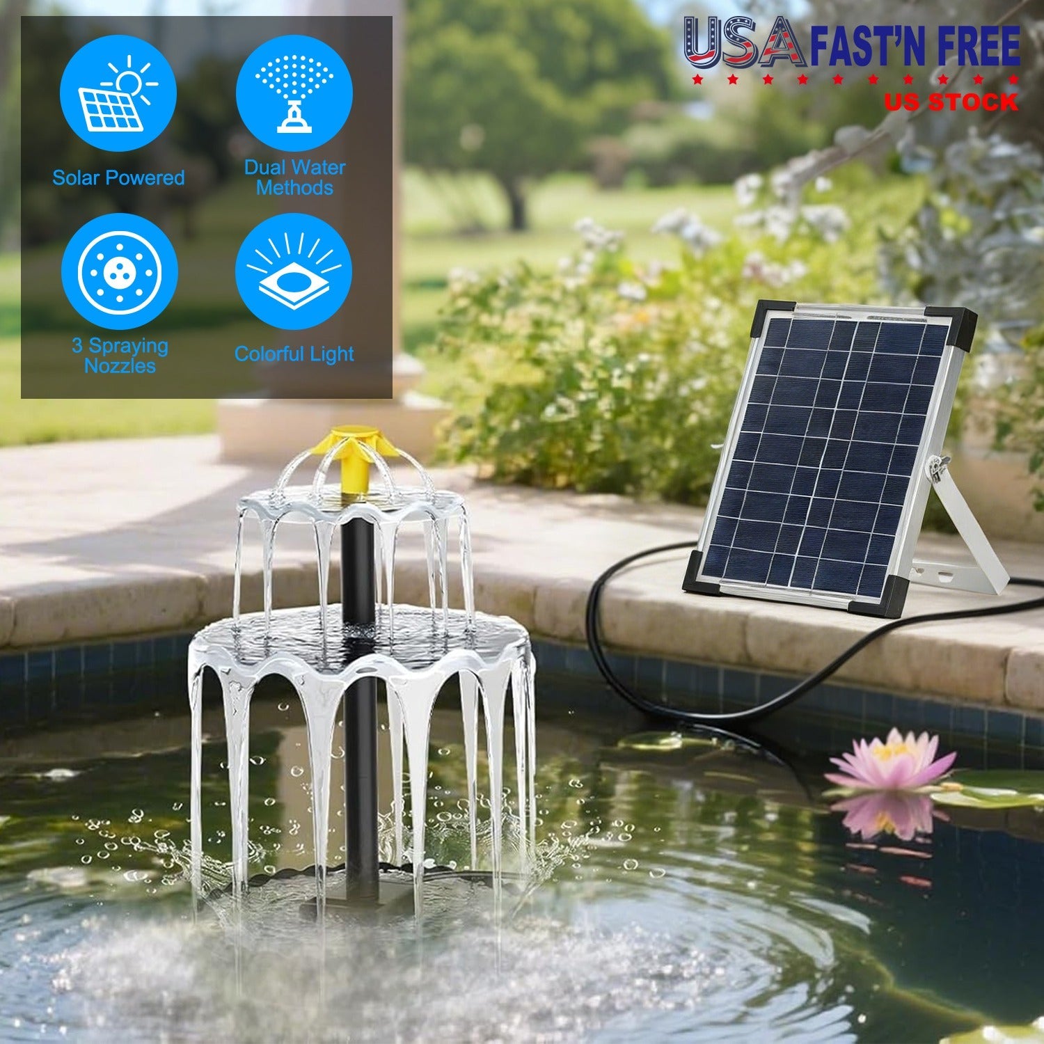 3-Tier Solar Bird Bath Fountain Solar Powered Water Pump Waterfall Feature with Colorful Light 3 Nozzles 6W Solar Panel for Bird Bath Patio Yard Pond