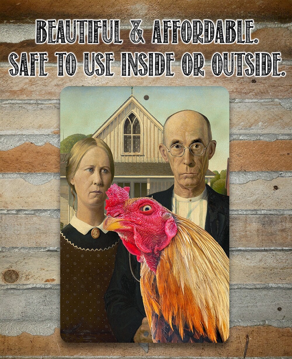 American Gothic Painting - Interrupted by Rooster - Metal Sign