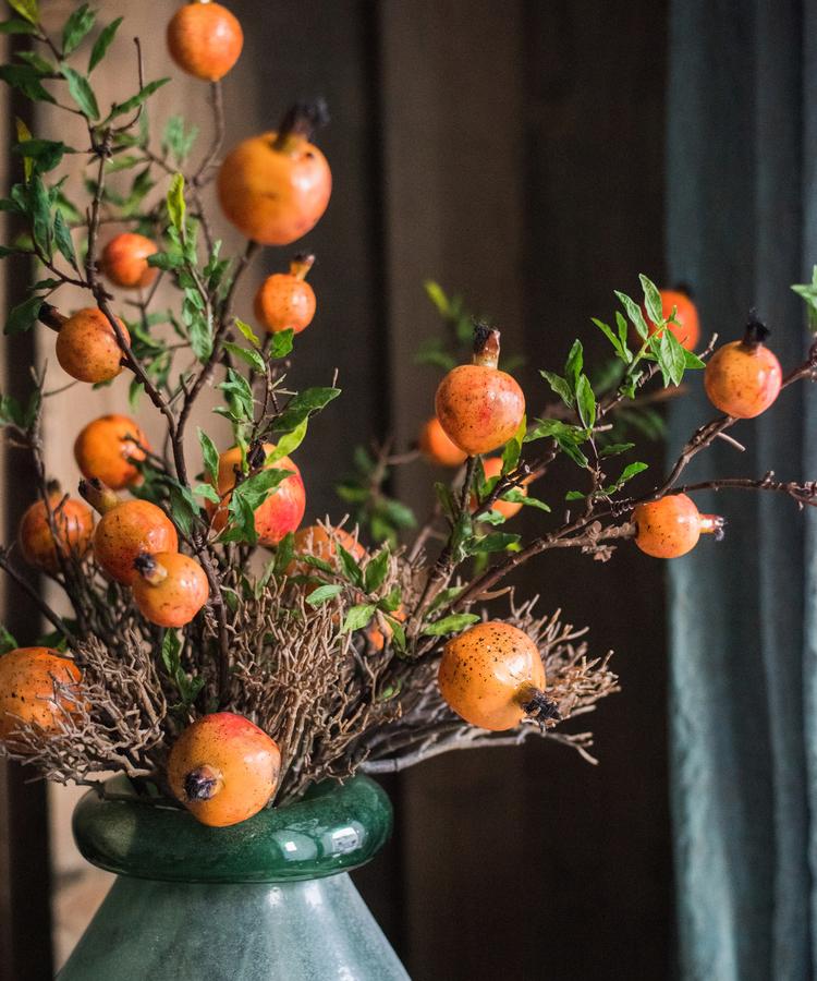 Artificial Fruit Yellow Orange Pomegranate Fruit Stem 36" Tall