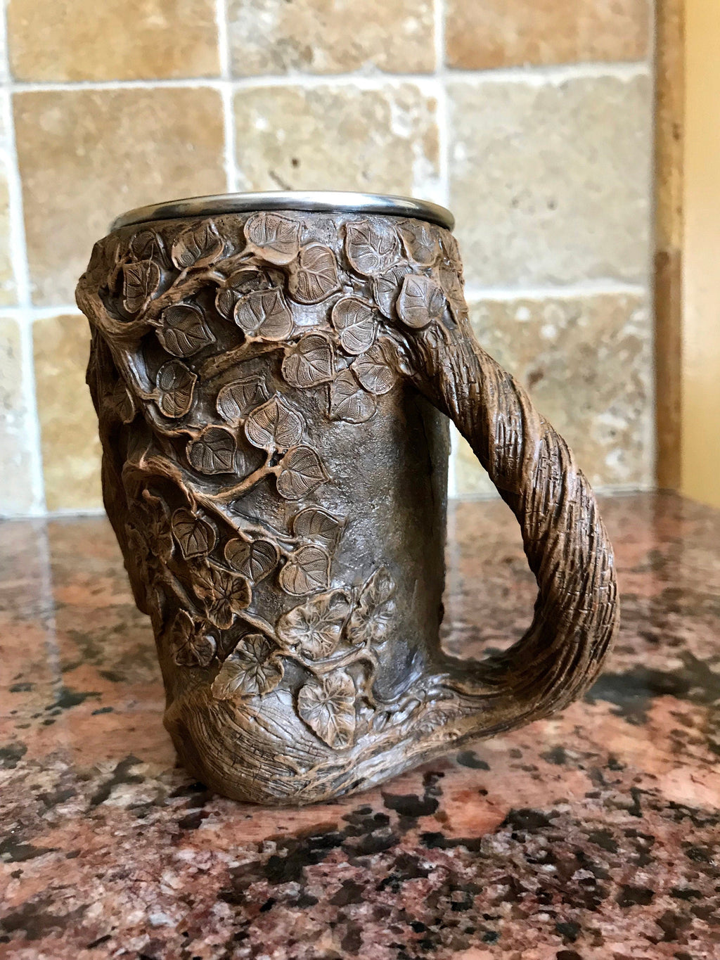 Dryad Mug, Hand Sculpted Resin Earthy Art Mug with Stainless Steel Liner| Fantasy Tree Spirit Mug, Witchy Cup Gift and Gothic Home Decor