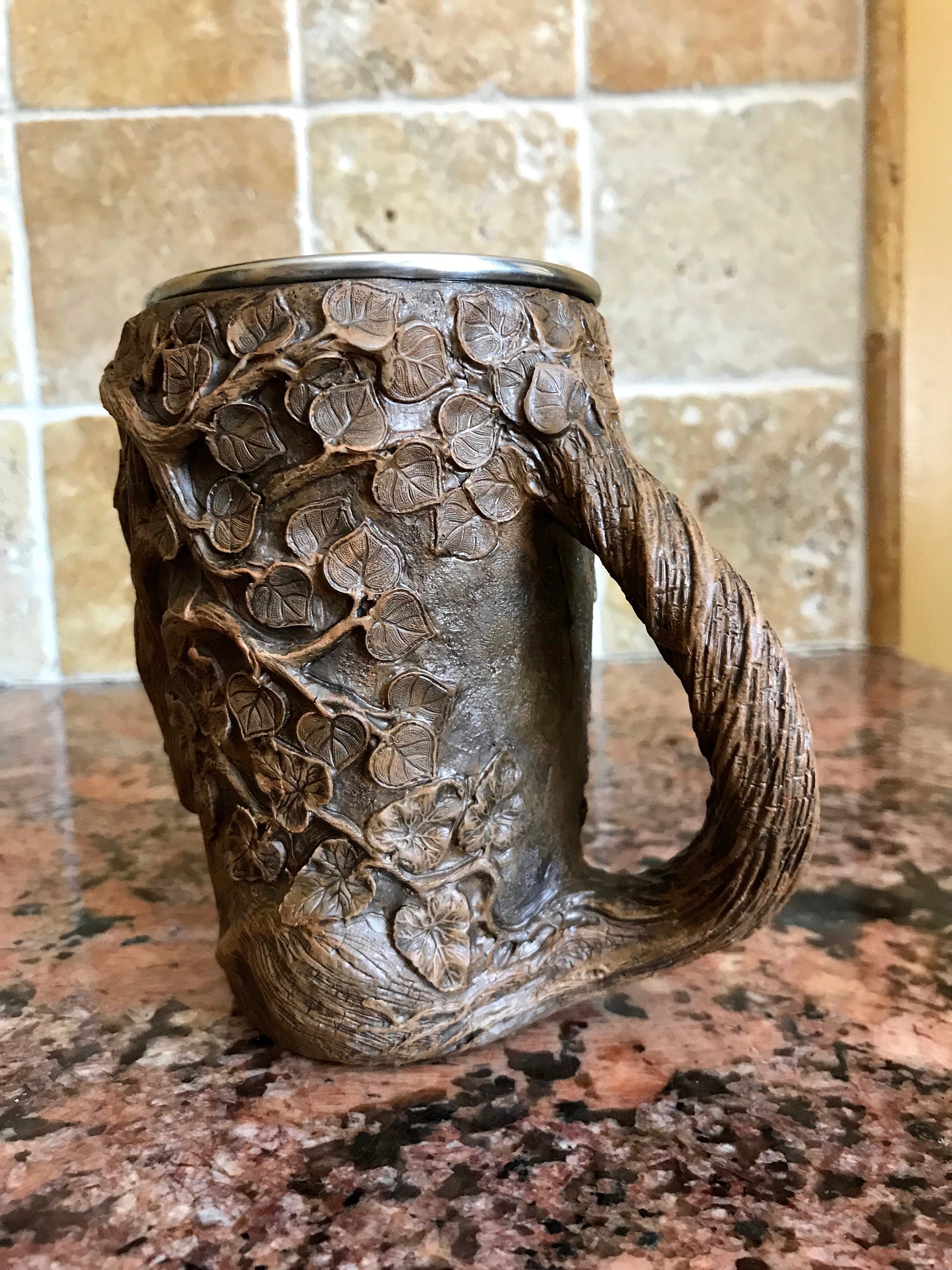 Dryad Mug, Hand Sculpted Resin Earthy Art Mug with Stainless Steel Liner| Fantasy Tree Spirit Mug, Witchy Cup Gift and Gothic Home Decor