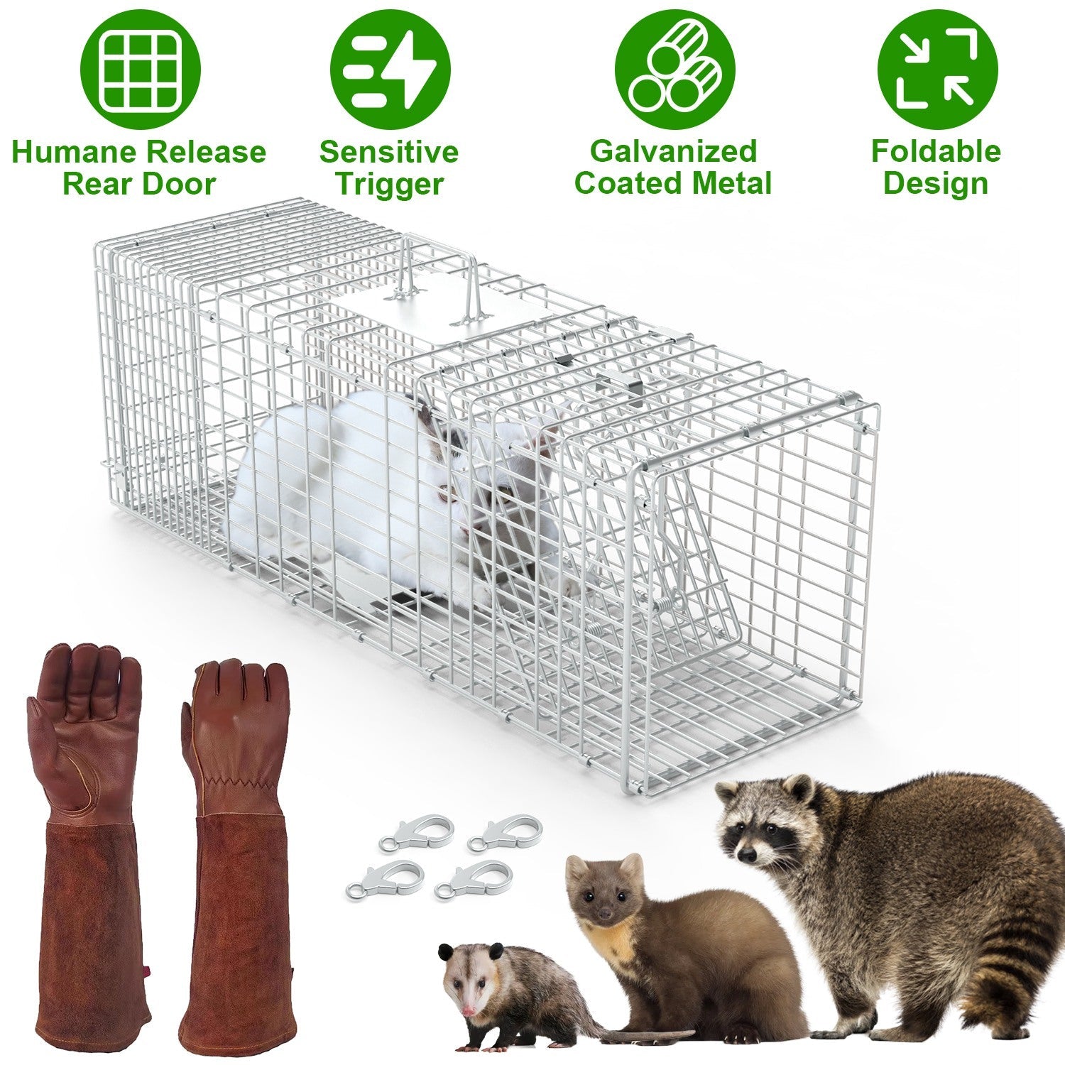 Humane Cat Trap Cage With Gloves Catch Release Live Animal Rodent Cage Collapsible Galvanized Wire for Raccoons Beavers Groundhogs Foxes Armadillos