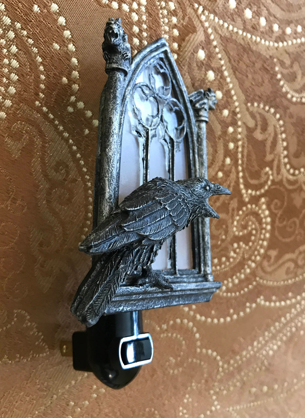 Raven and Window Nightlight, Hand Painted Resin Sculpture | Medieval Gothic Night Light | Poe’s Raven Lighting for Gothic Fantasy Home Decor