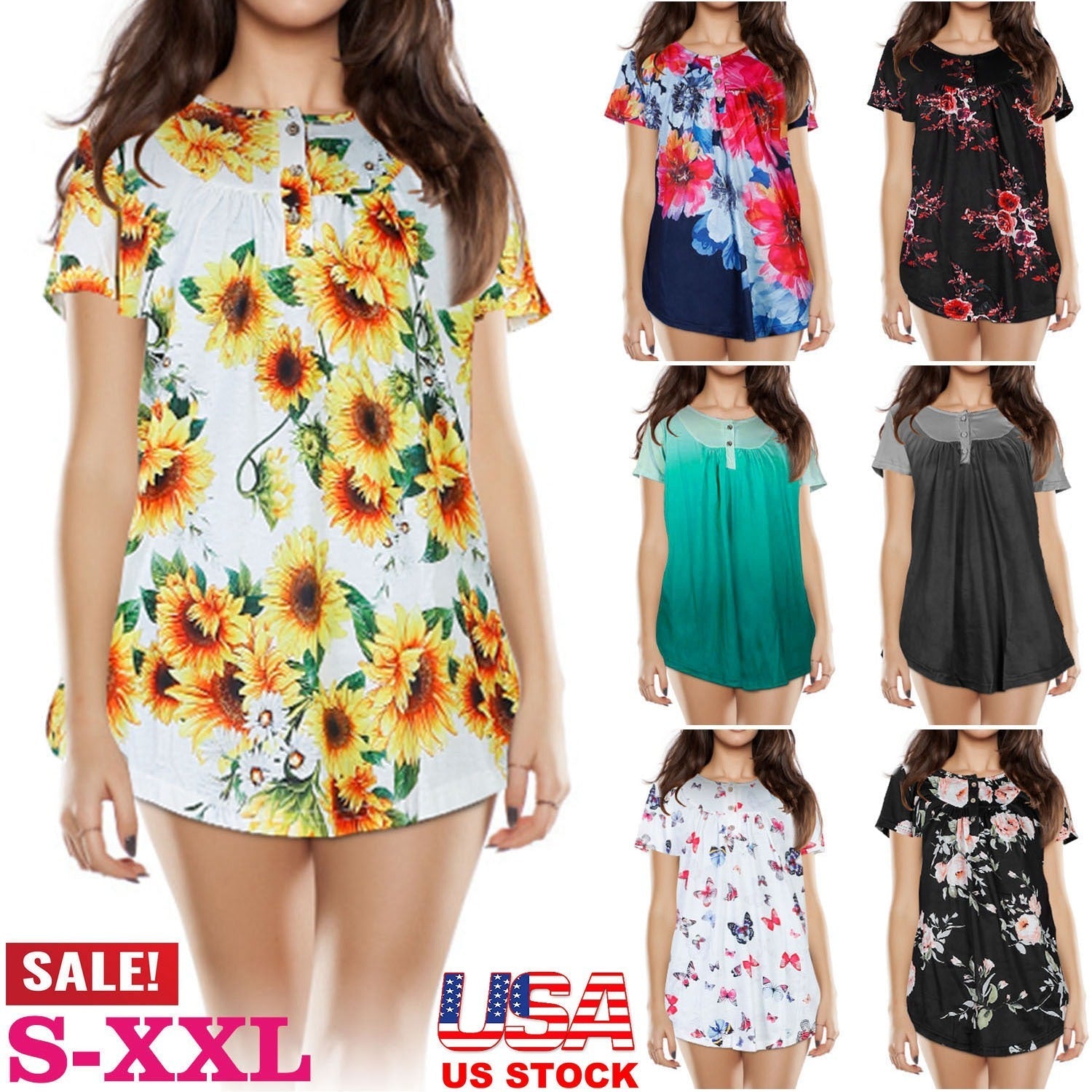 Women Summer Shirts Tops Loose Short Sleeve T Shirts Casual Floral Printed Button Shirts Blouse S-XXL