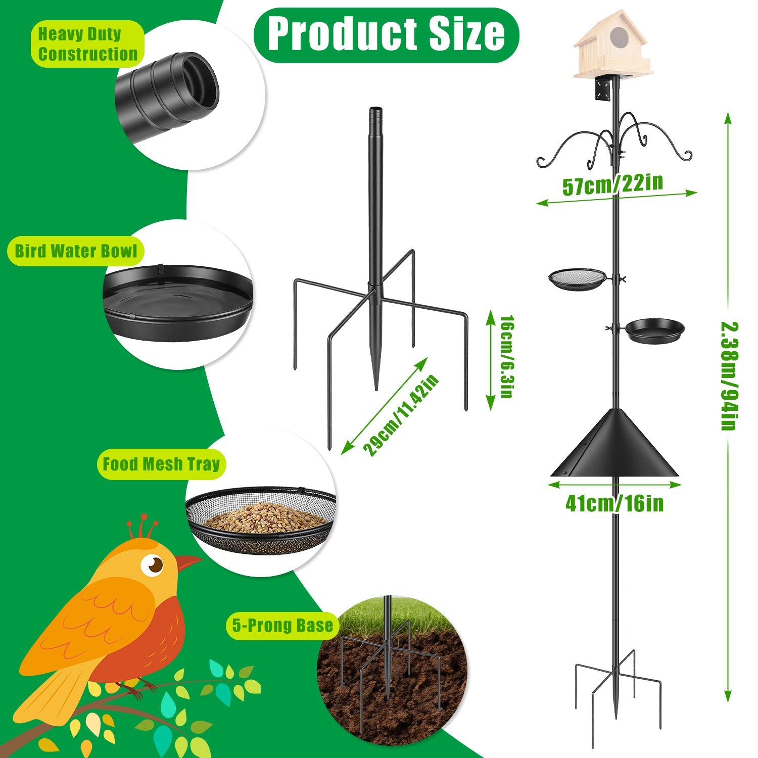 94Inch Squirrel Proof Bird Feeder Pole Heavy-Duty Bird House Pole  Outdoor Bird Feeding Station with 5 Adjustable Heights 4 Shepherd Hooks Top & Side
