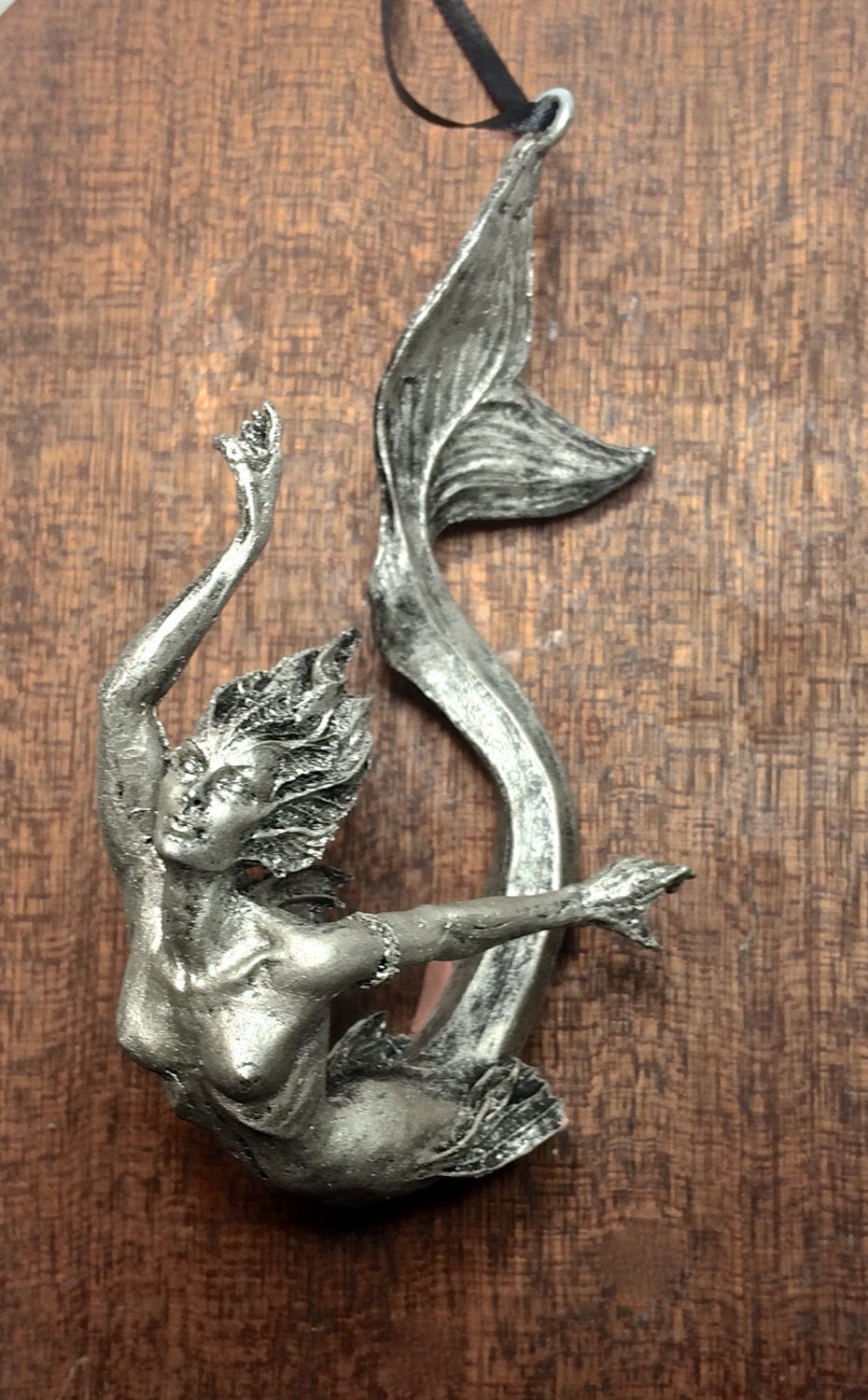 Mermaid Ornament, Hand Painted Resin Sculpture, Pewter Finish| Mythical Creature Figurine|Unique Legendary Mermaid Fantasy Art Holiday Decor