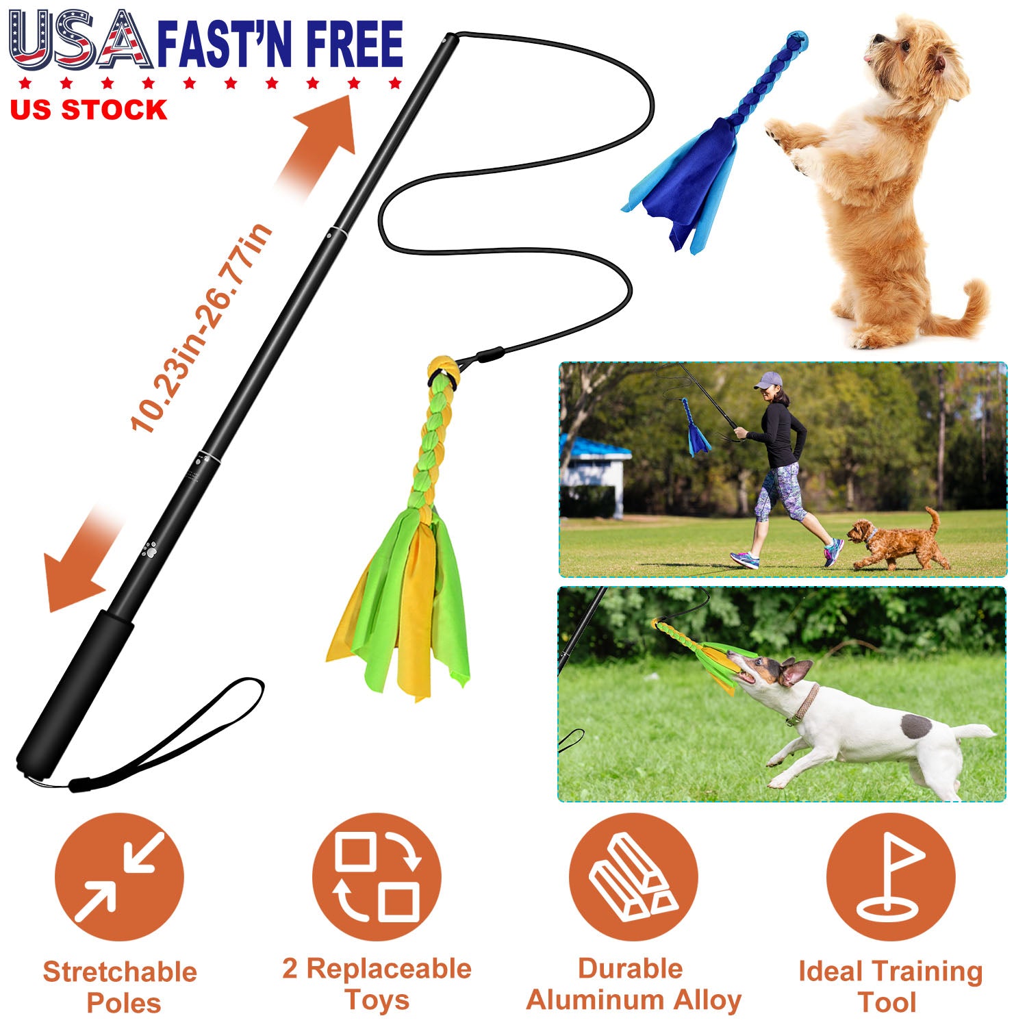Extendable Dog Flirt Pole with Lure 10.23-26.77in Teaser Wand with 2 Replaceable Interactive Tail Toys For Small Medium Large Dogs Training Exercise T
