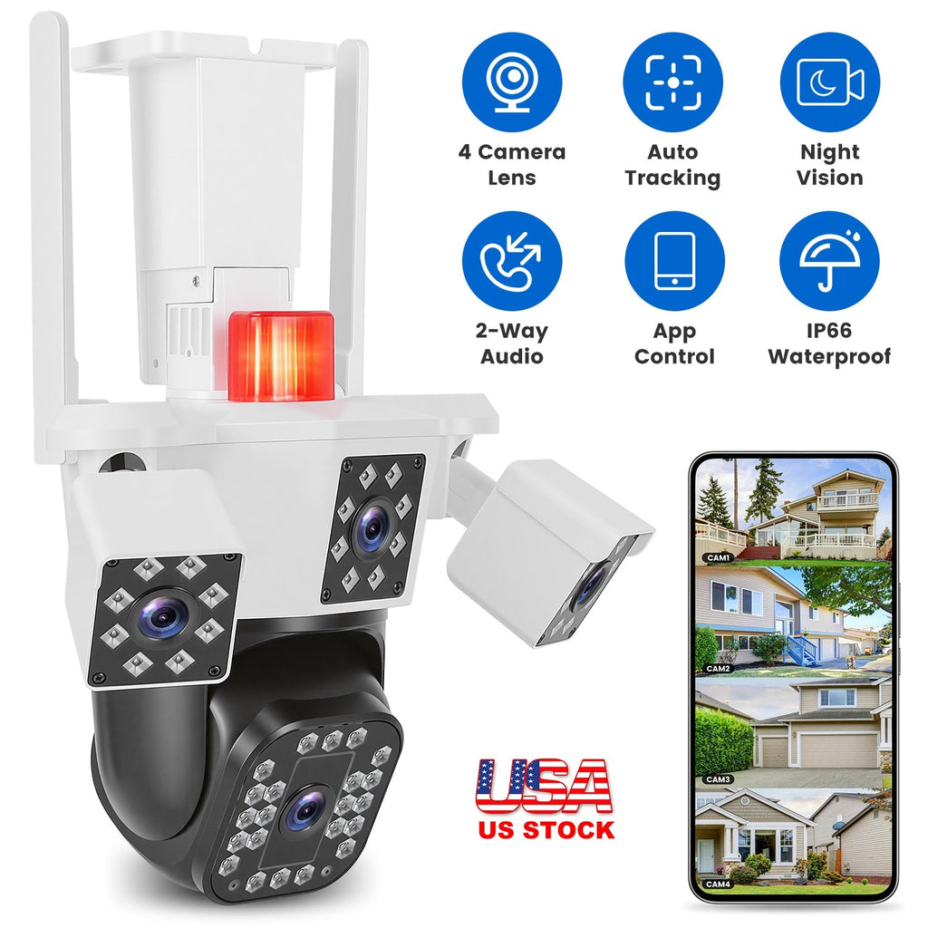 1080P HD 4-Lens Security Camera 360° View WiFi Pan & Tilt Surveillance Camera With Full Color Night Vision Auto Motion Tracking 2-Way Audio Spotlights