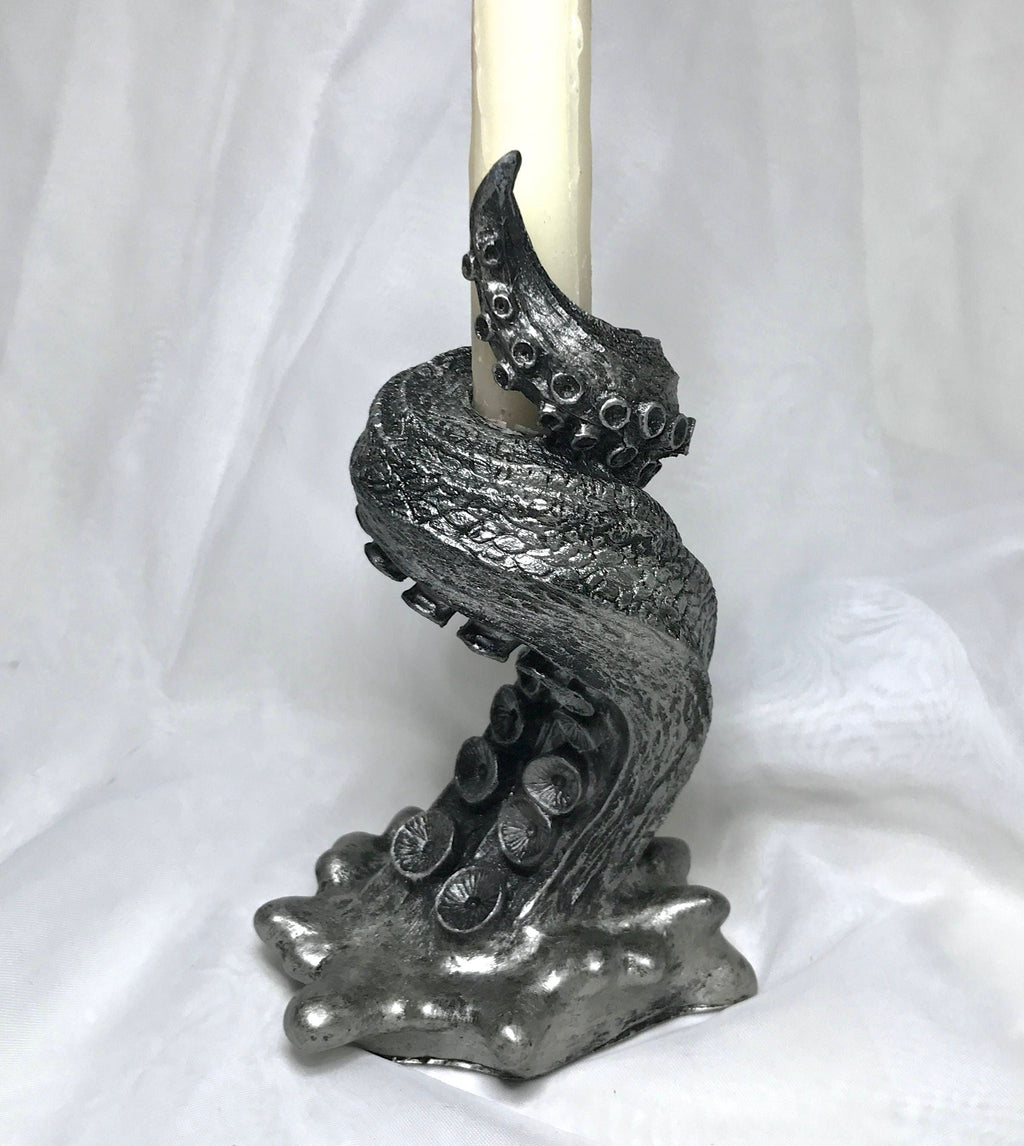Tentacle Candlestick Holder, 6" Version, Resin Sculpture | Octopus Lovecraftian Tentacle Candle for Nautical Gift and Gothic Home Decor