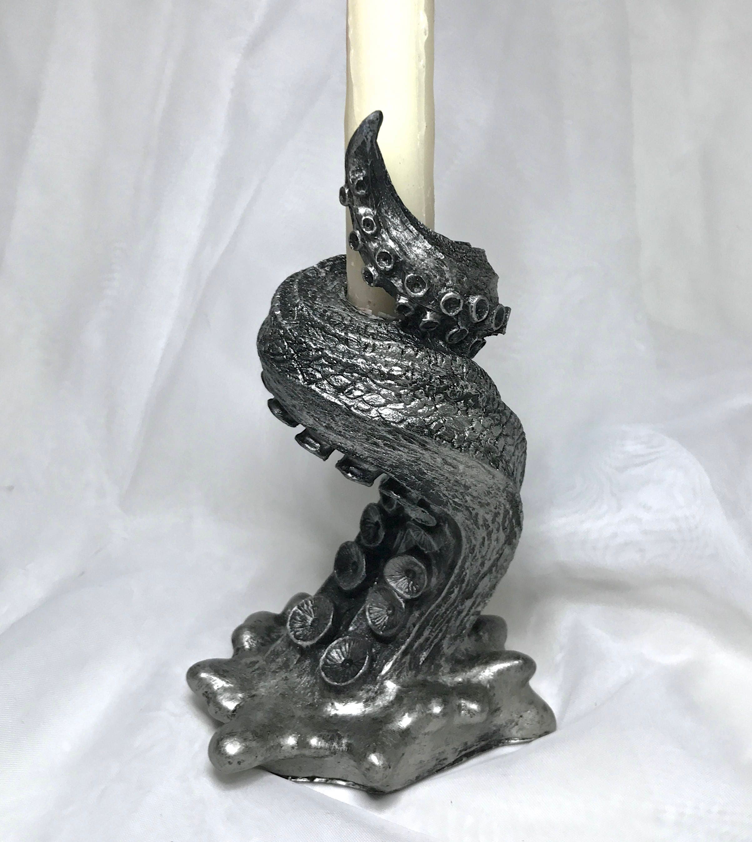Tentacle Candlestick Holder, 6" Version, Resin Sculpture | Octopus Lovecraftian Tentacle Candle for Nautical Gift and Gothic Home Decor