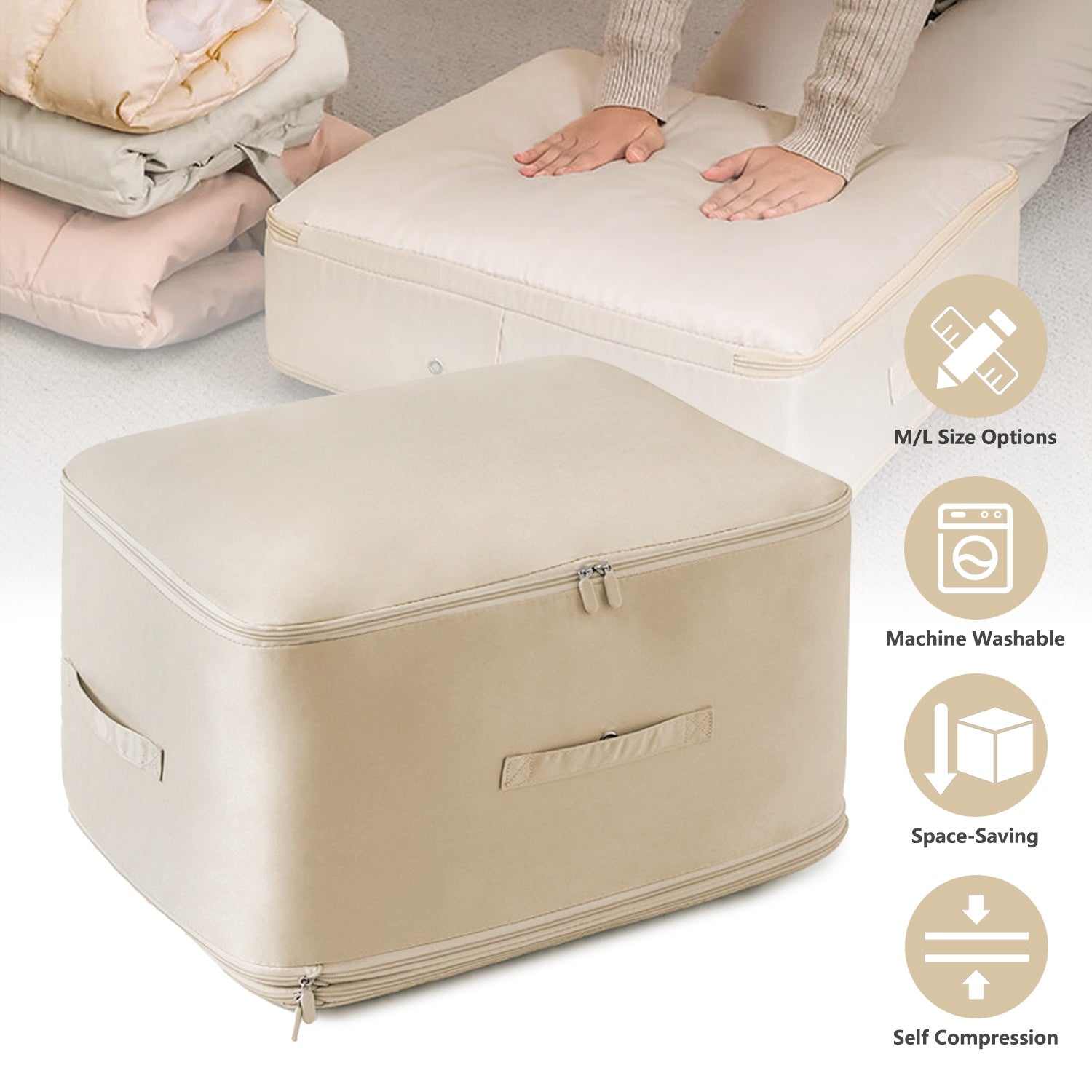 Large Foldable Storage Bag For Comforter Quilt Blanket Clothes Pillows Beddings Self Compression Organizer For Duvet Closet Storage Containers With Du