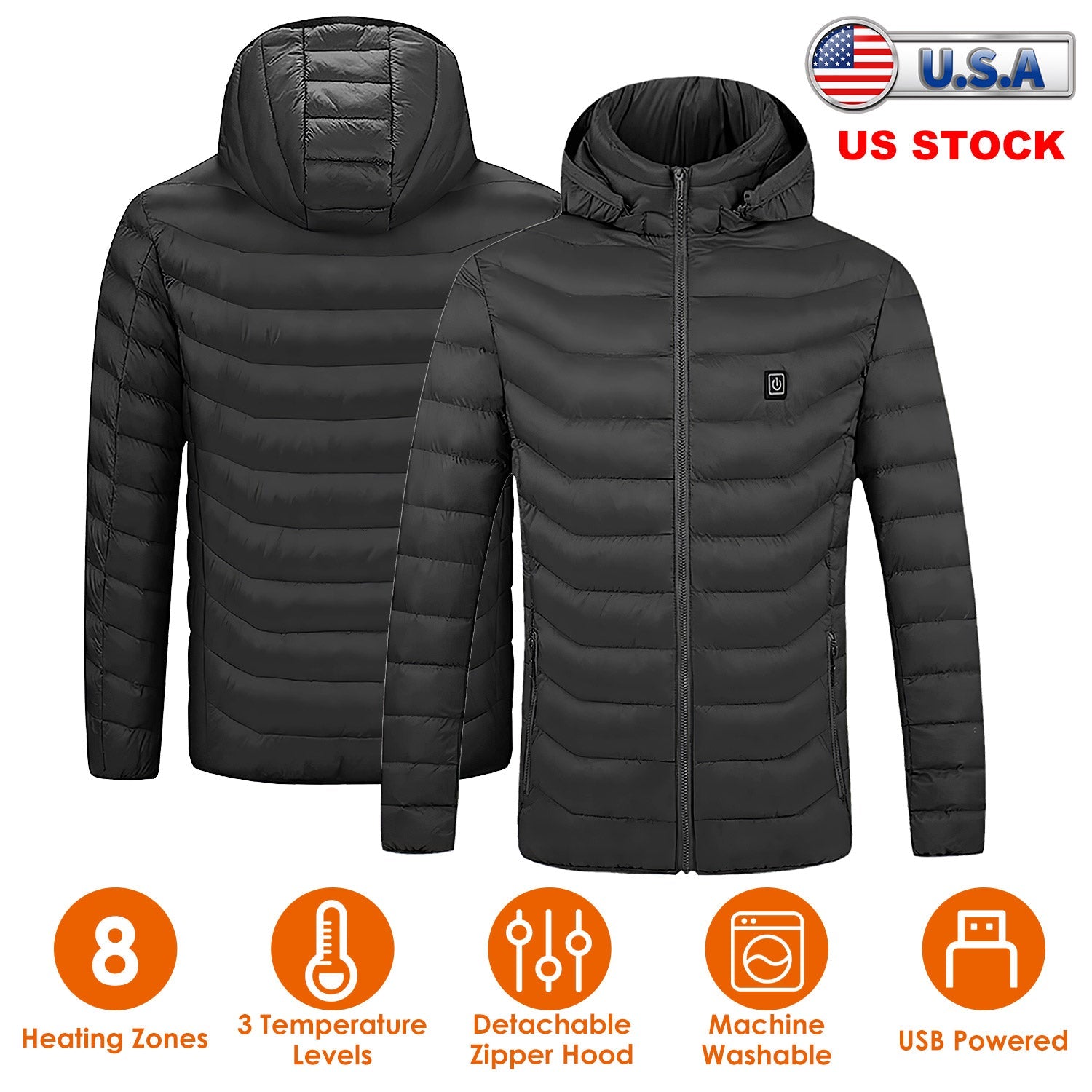 Heated Jacket Electric Heating Coat Lightweight Winter Hooded JacketÊwith 3-Level Heating Modes 8 Heating Zones Detachable Zipper Hood
