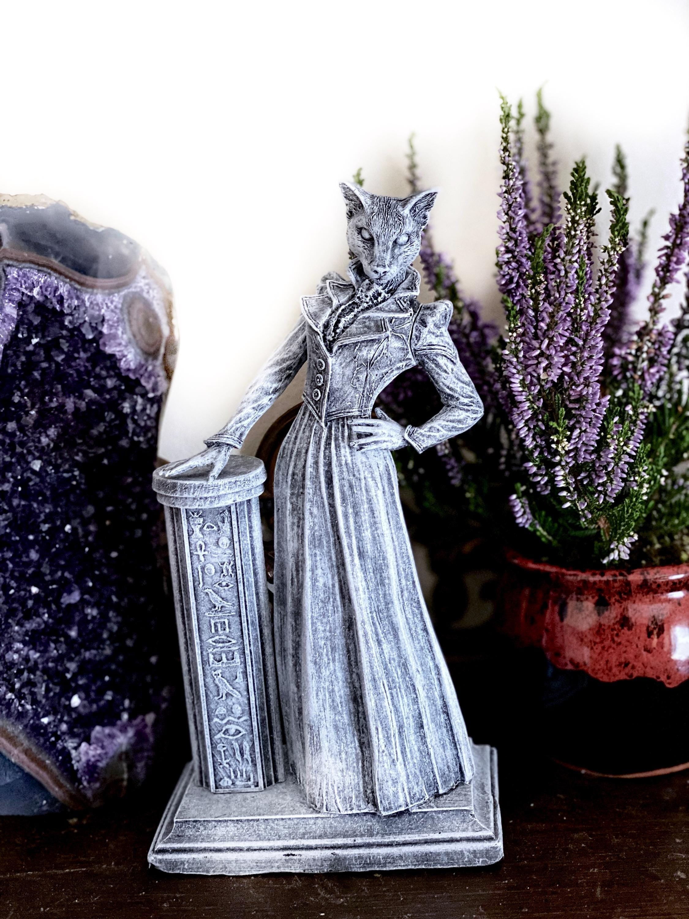Lady Bast Statue, Cat Goddess, Hand Painted Resin Sculpture | Mythical Creature Figurine | Victorian Cat Goddess Figurine. Fantasy Art Decor