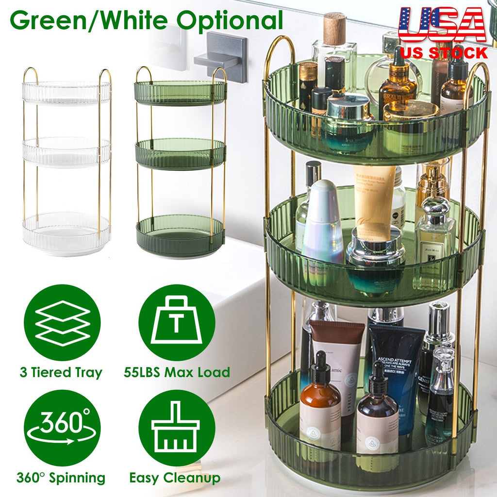 3 Tier Rotating Makeup Organizer 360¡ Spinning Perfume Cosmetic Storage Tray 55LBS Load Countertop Shelves for Lotion Lipstick