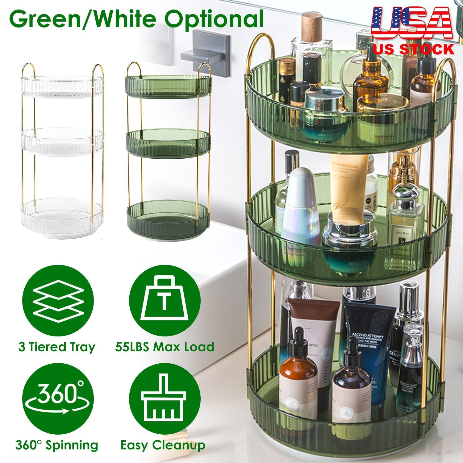 3 Tier Rotating Makeup Organizer 360¡ Spinning Perfume Cosmetic Storage Tray 55LBS Load Countertop Shelves for Lotion Lipstick