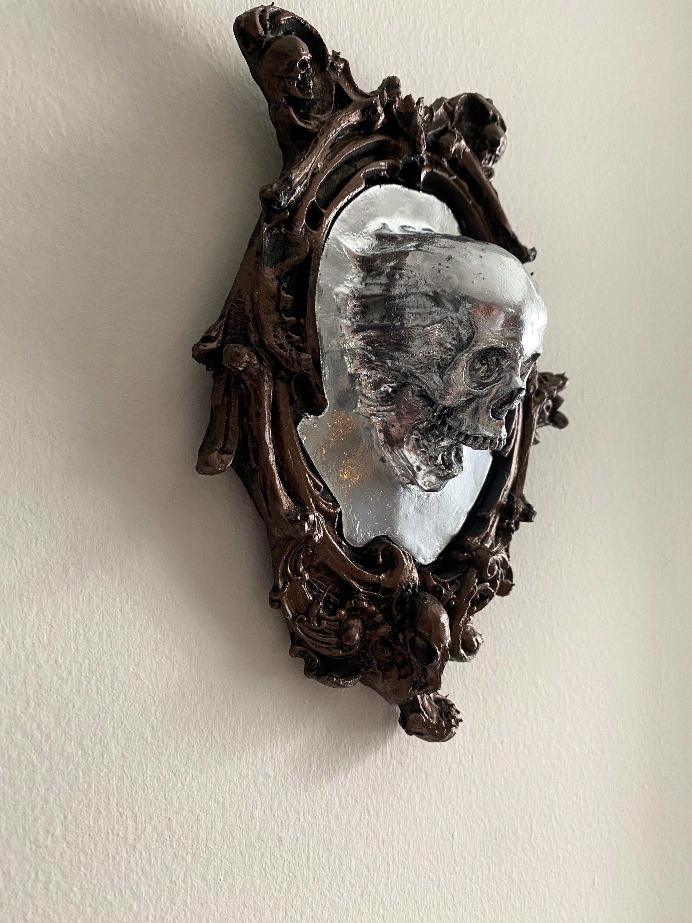 Spectral Skull Wall Plaque, Resin Sculpture | Victorian Gothic Haunted Wall Art | Ghost Skull in Mirror for Halloween, Spooky Home Decor