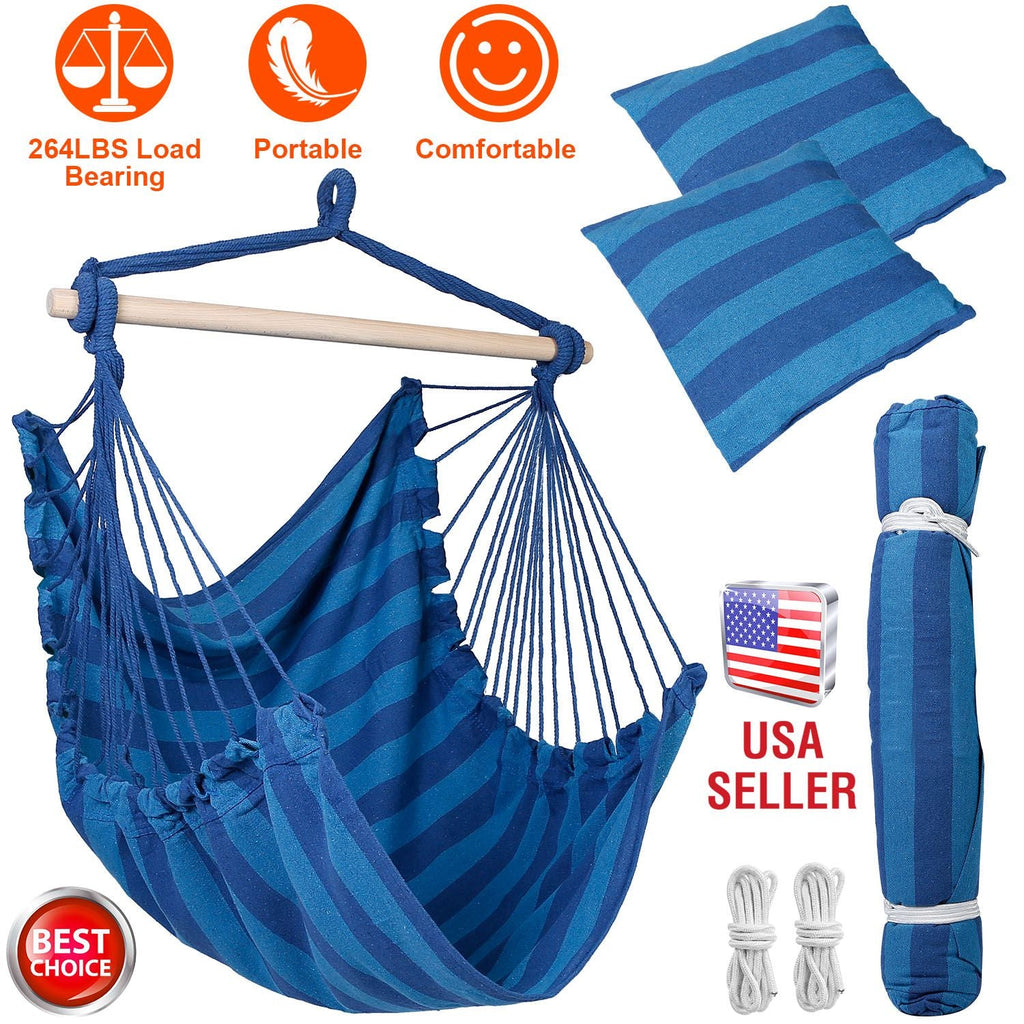 Hammock Hanging Chair Canvas Porch Patio Swing Seat Portable Camping Rope Seat Wooden Stick Hammock Chair with 2 Pillows 265LBS Load-bearing