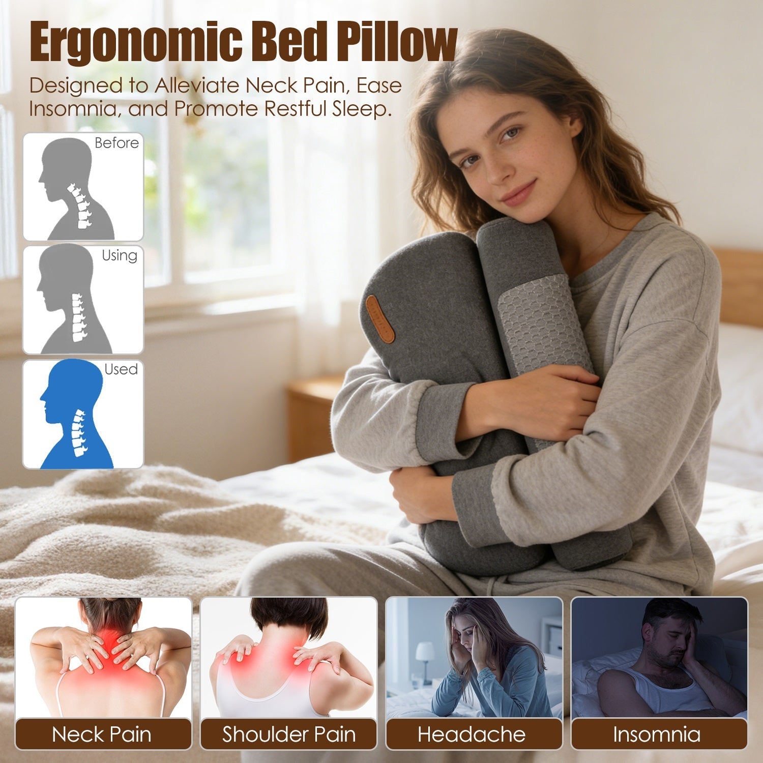 USB Heated Neck Pillow Zero Pressure Memory Foam Cervical Neck Pillow Heated Bed Pillow with Eye Mask Adapter for Pain Relief
