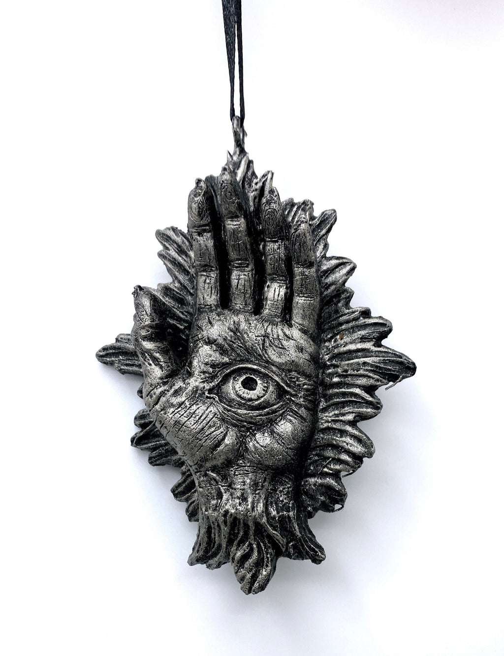 Hand of Protection Relic, Hamsa Ornament, Hand Painted Resin Sculpture |Occult Folklore Figurine | Evil Eye Pagan Ornament for Holiday Decor