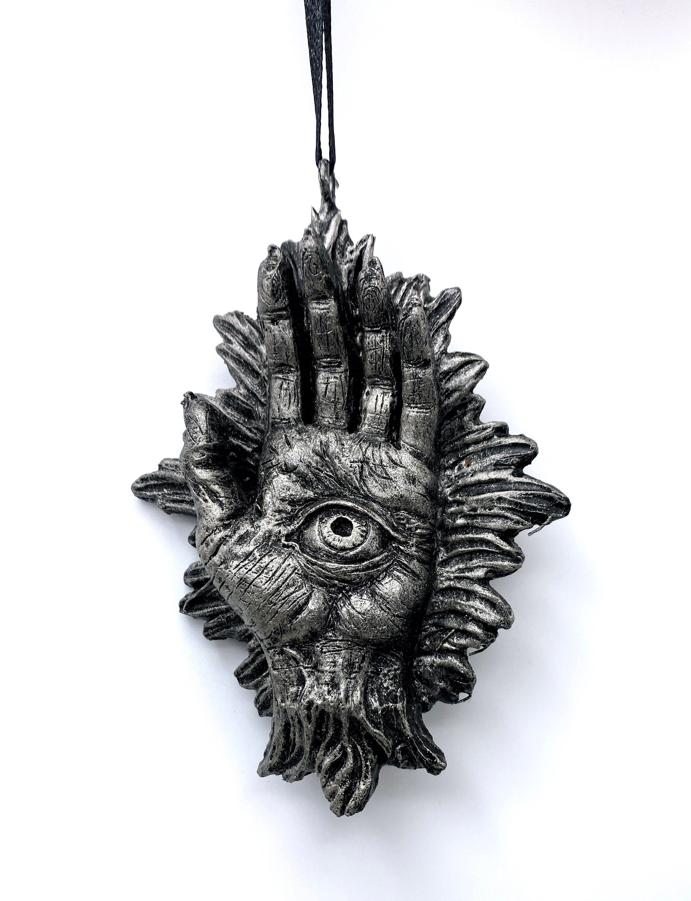 Hand of Protection Relic, Hamsa Ornament, Hand Painted Resin Sculpture |Occult Folklore Figurine | Evil Eye Pagan Ornament for Holiday Decor